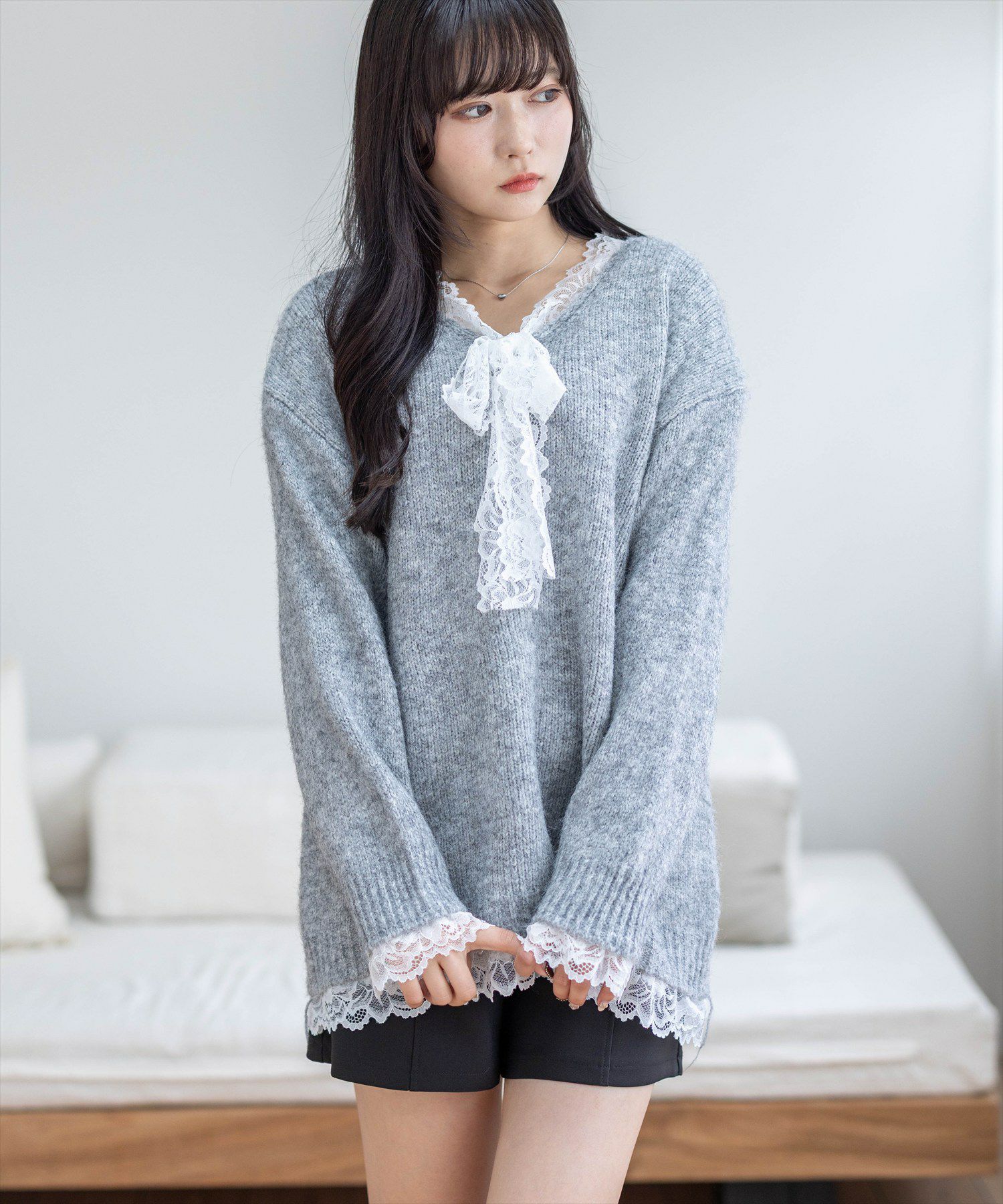 STAY MOTION≪WEB限定≫レースリボンオーバーサイズニットトップス
