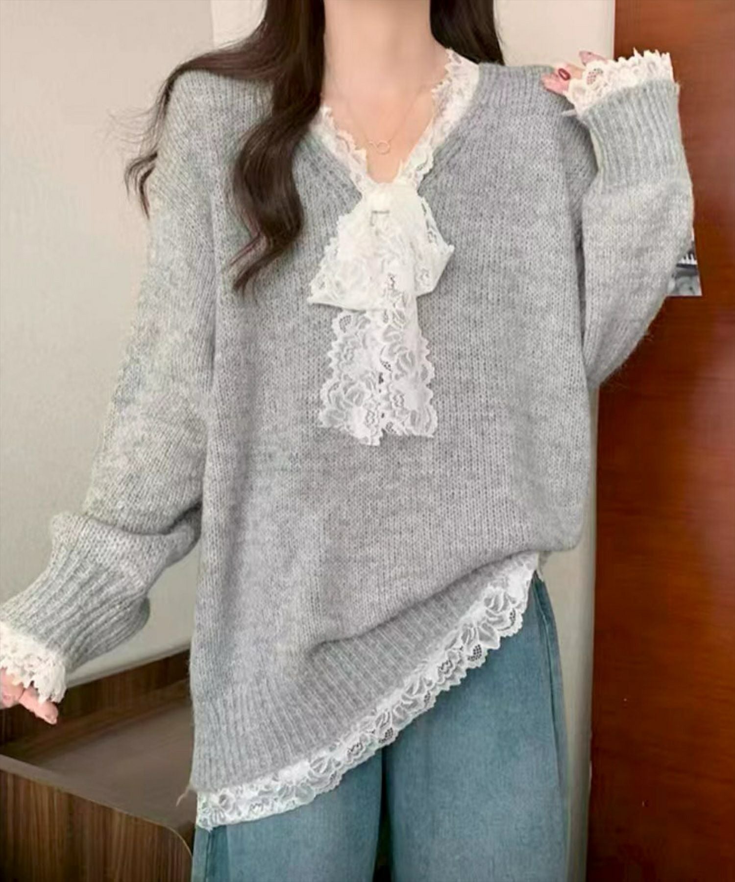 STAY MOTION≪WEB限定≫レースリボンオーバーサイズニットトップス