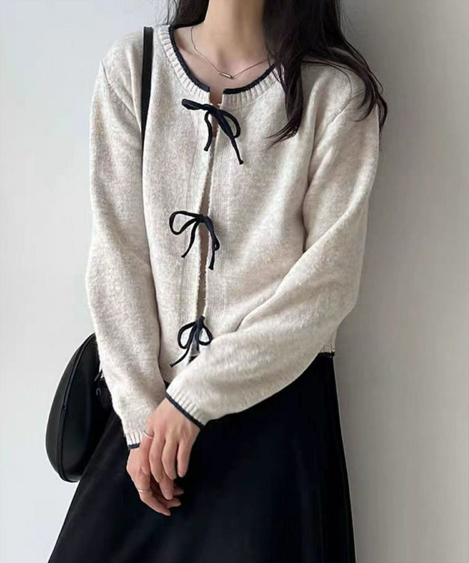 18758 未使用 リミフゥ 24SS フロントホックショートリブカーディガン2 STAY MOTION≪WEB限定≫配色フロントリボンニットカーディガン[ST1083