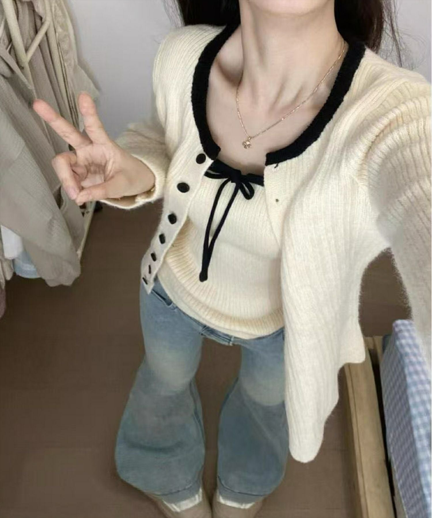 STAY MOTION≪WEB限定≫配色ニットカーディガン+リボンキャミ
