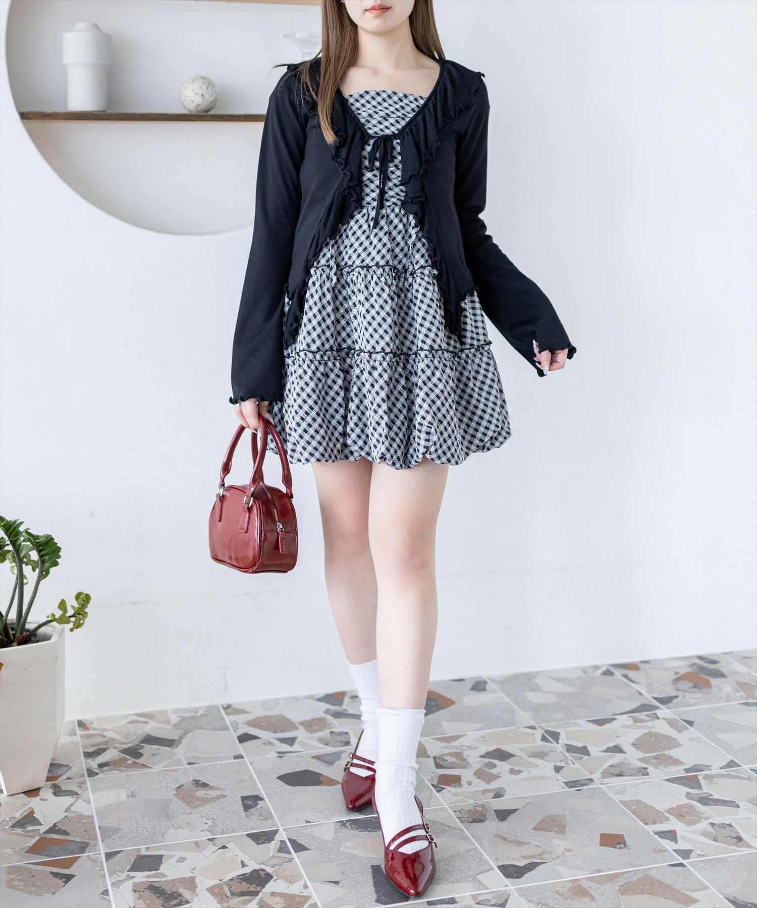 clear≪再入荷≫チェック柄ドロストリボンミニワンピース[CL9622