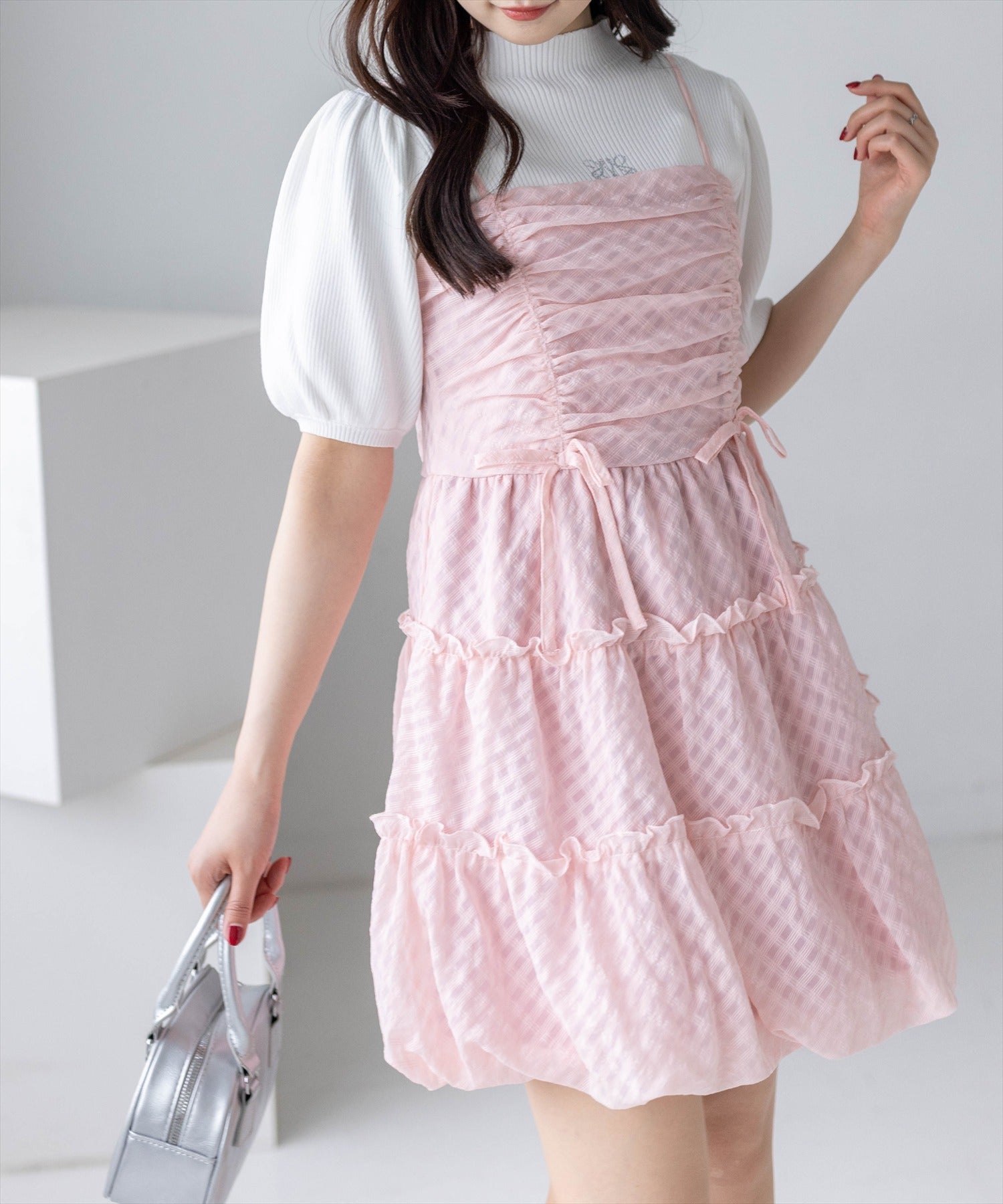 clear≪再入荷≫チェック柄ドロストリボンミニワンピース[CL9622