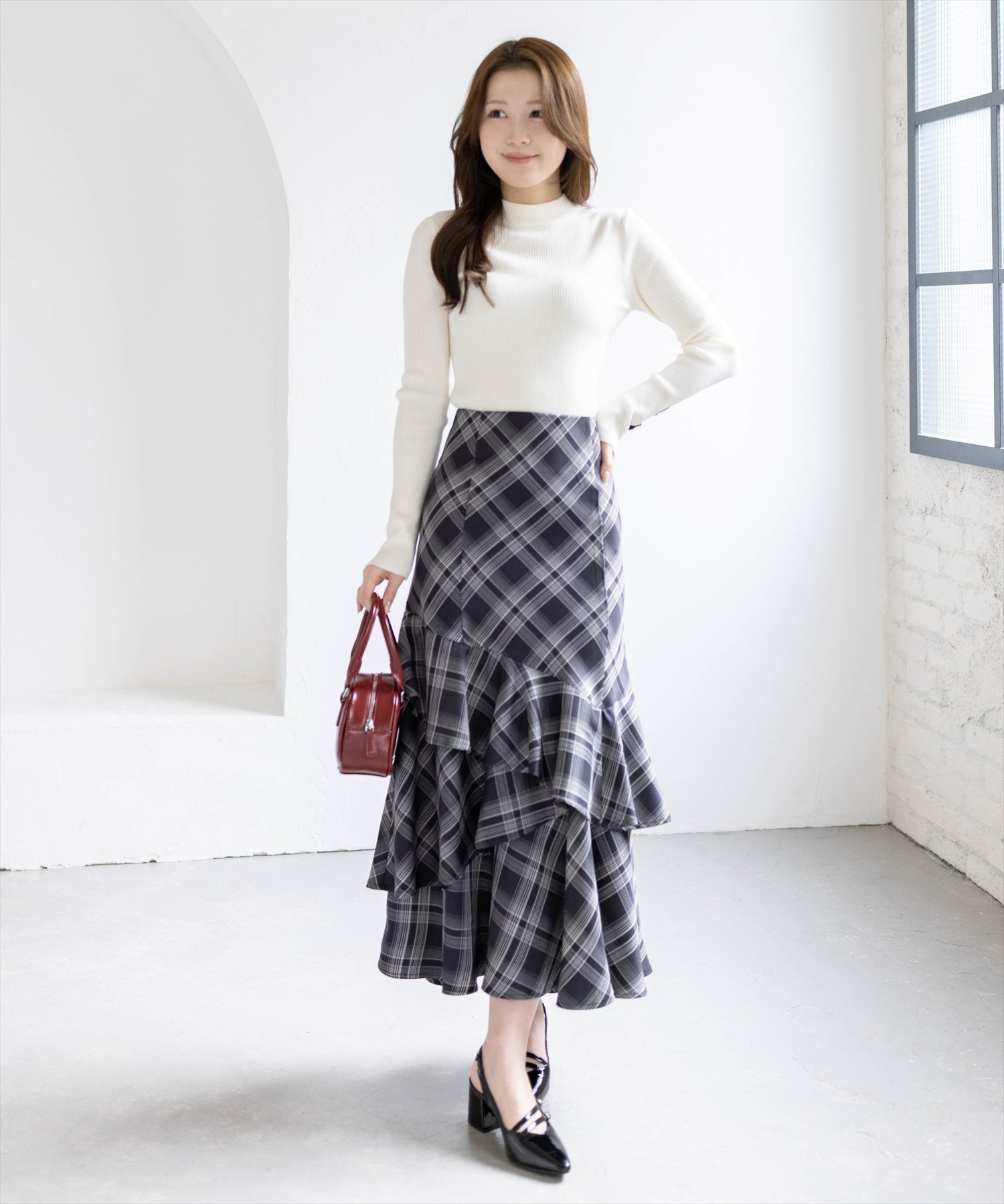 163cm/ブラック×チェック F着用