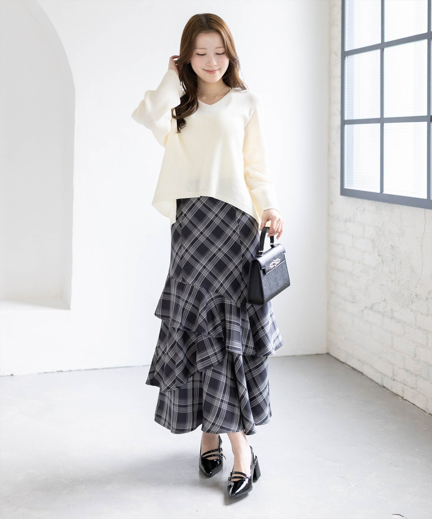 163cm/ブラック×チェック F着用