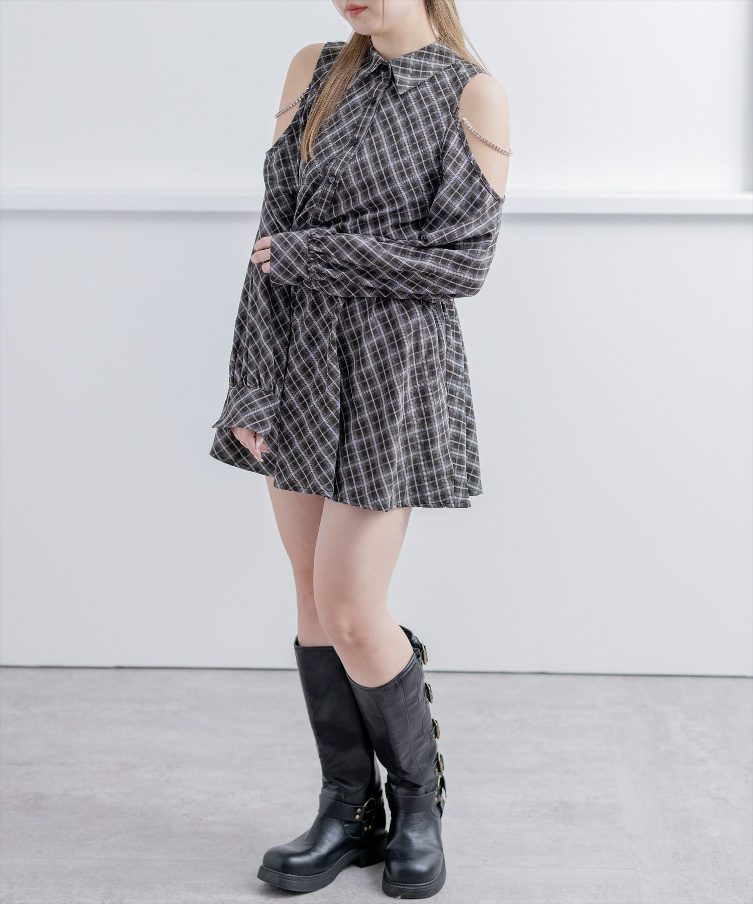 clear 肩あきビジューチェックシャツミニワンピース[CL9525
