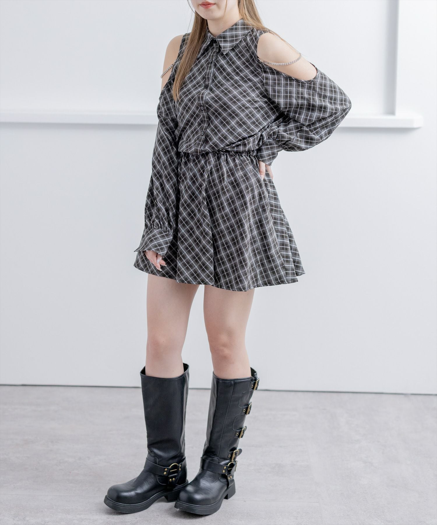 clear 肩あきビジューチェックシャツミニワンピース[CL9525