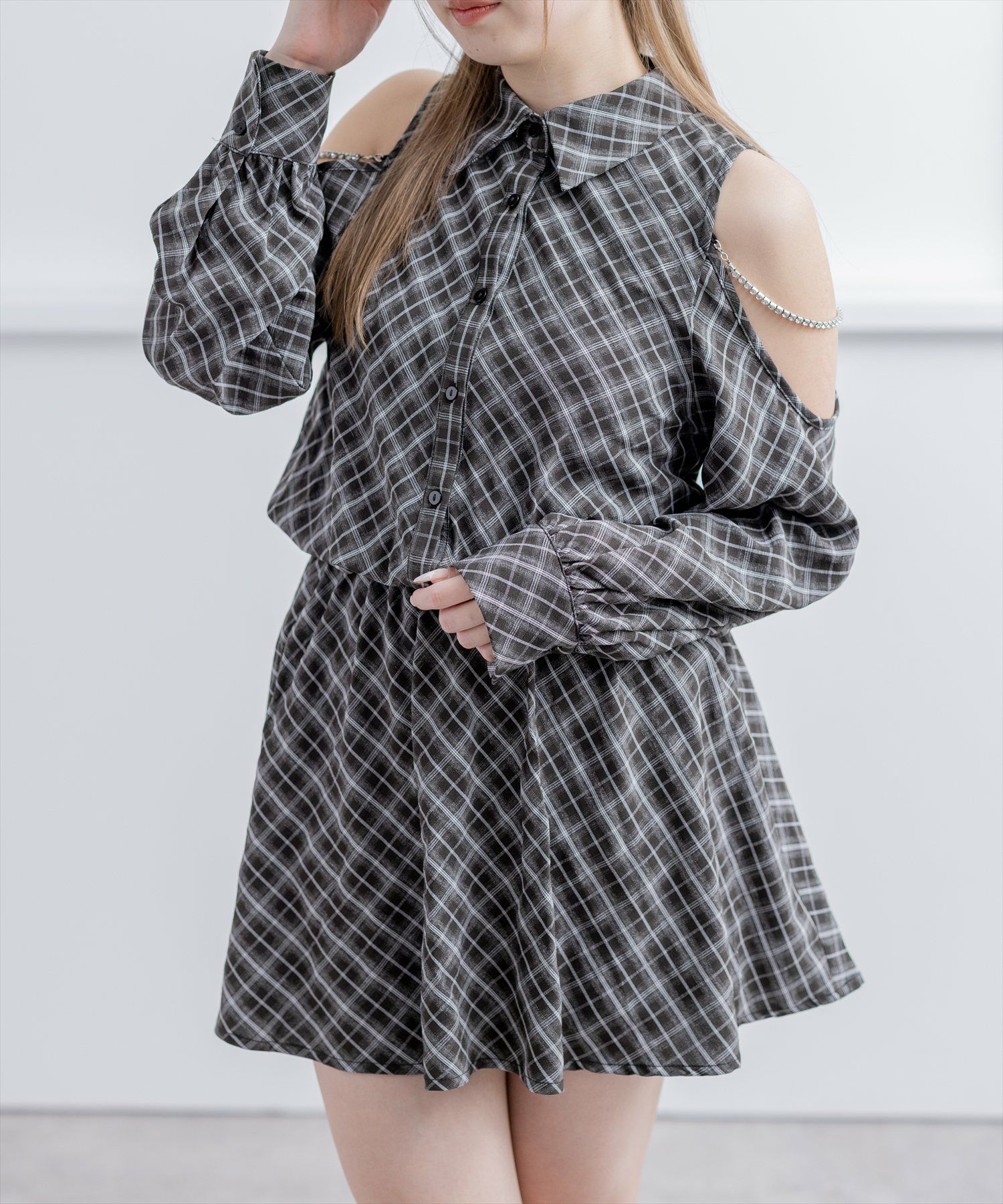 clear 肩あきビジューチェックシャツミニワンピース[CL9525