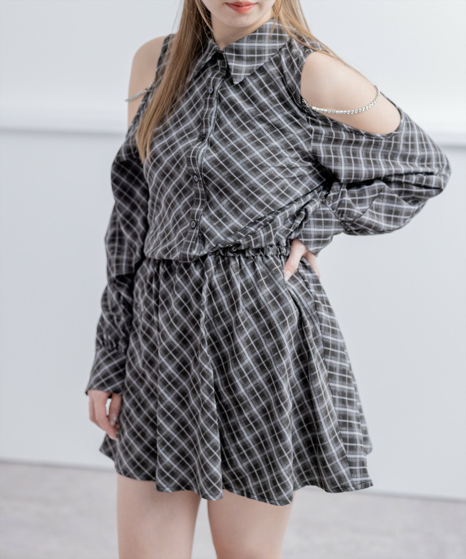 clear 肩あきビジューチェックシャツミニワンピース[CL9525