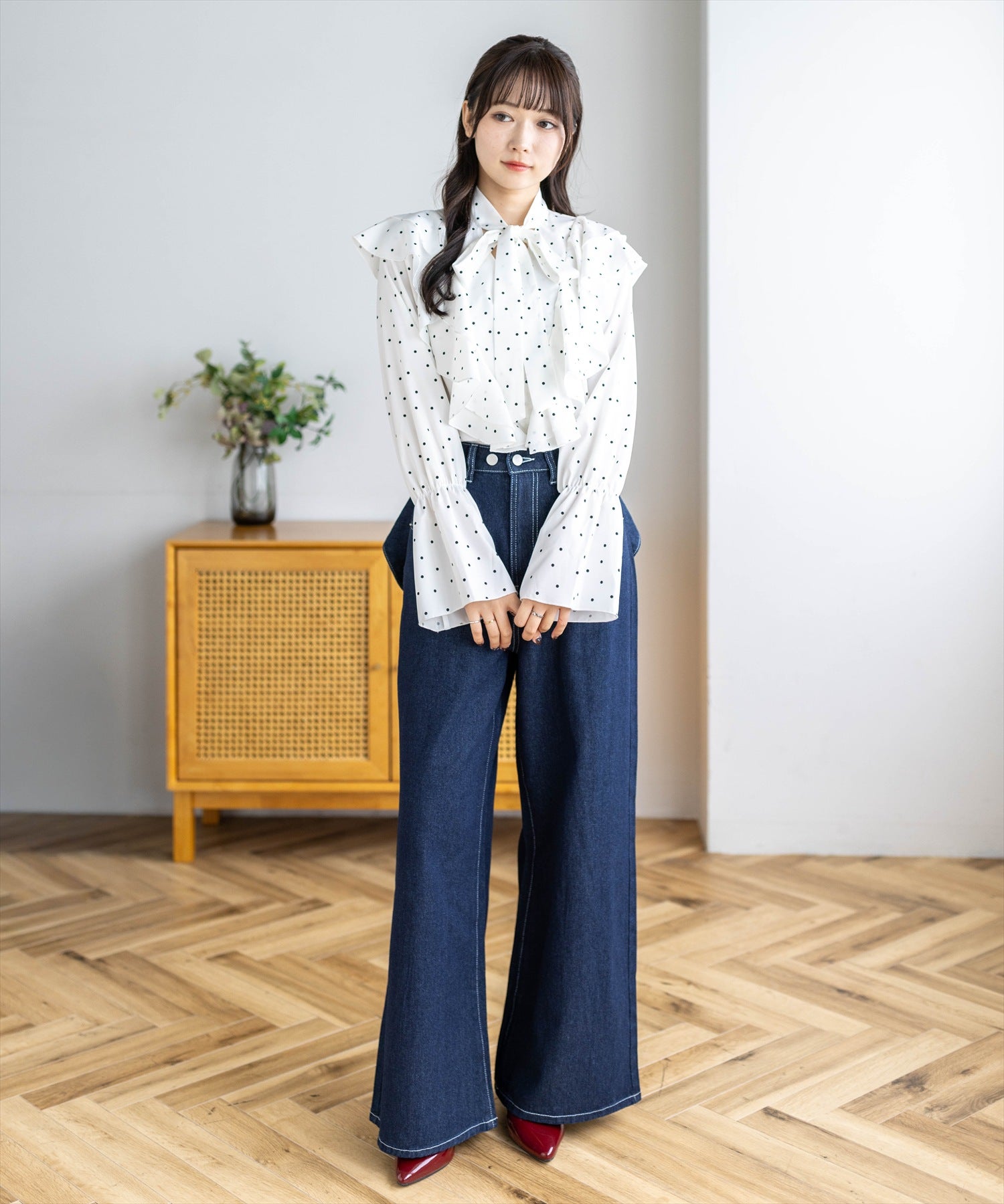 162cm/アイボリー×ドット着用