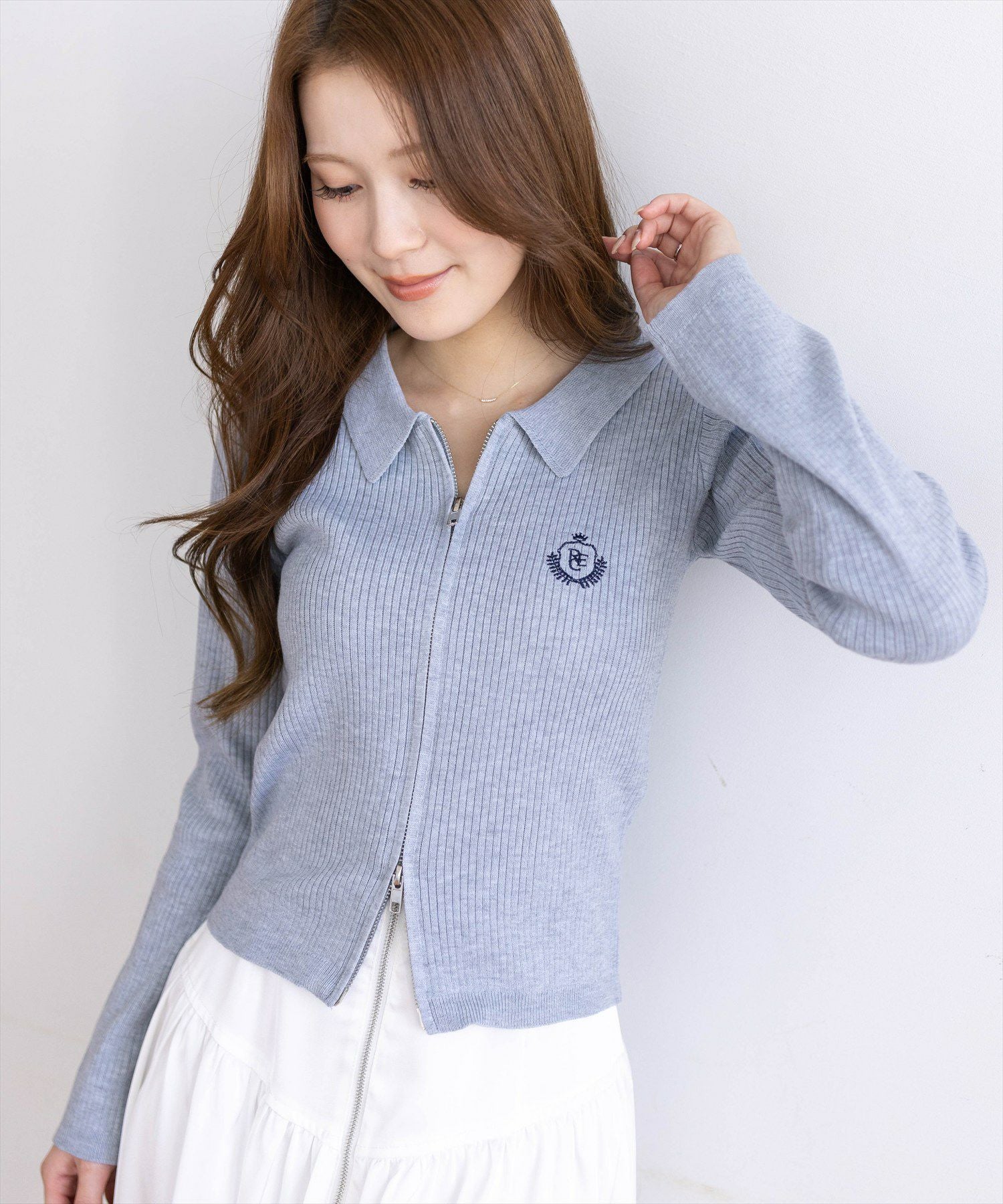 clear 刺繍入りダブルジップ長袖ニットトップス[CL9680] | レディース