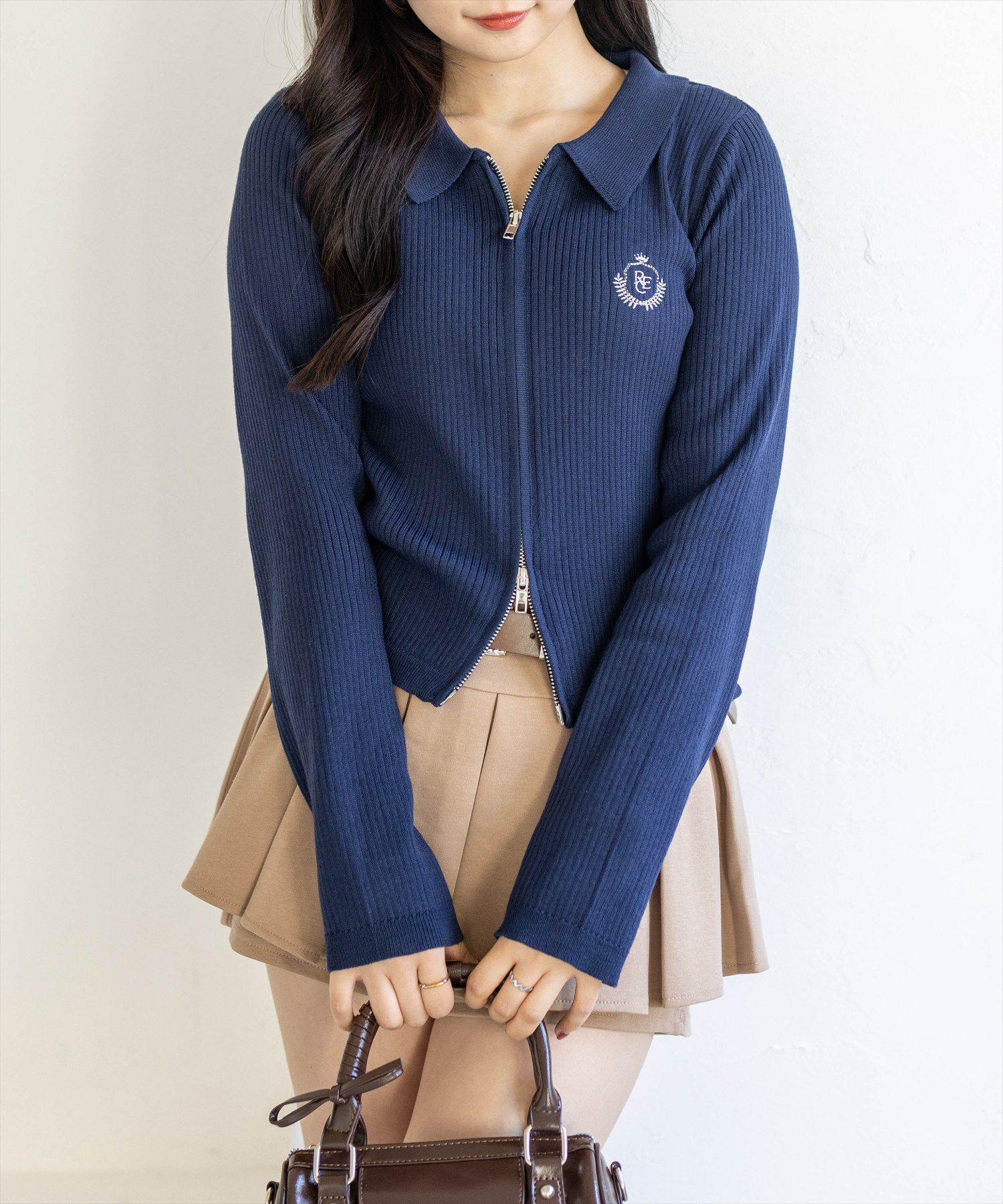 clear 刺繍入りダブルジップ長袖ニットトップス[CL9680] | レディース