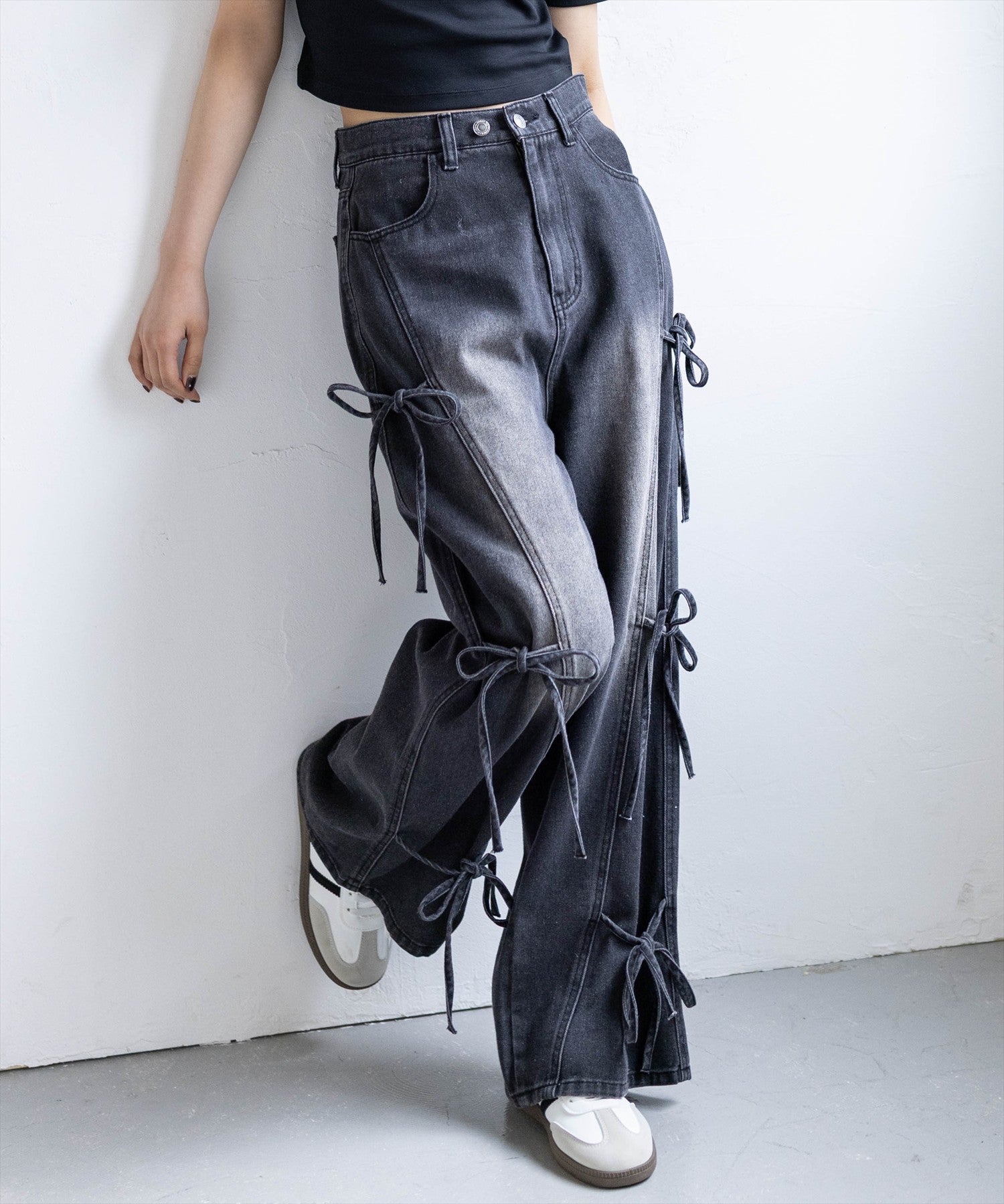 サイドリボンワイドデニムパンツ レディースファッション | clear