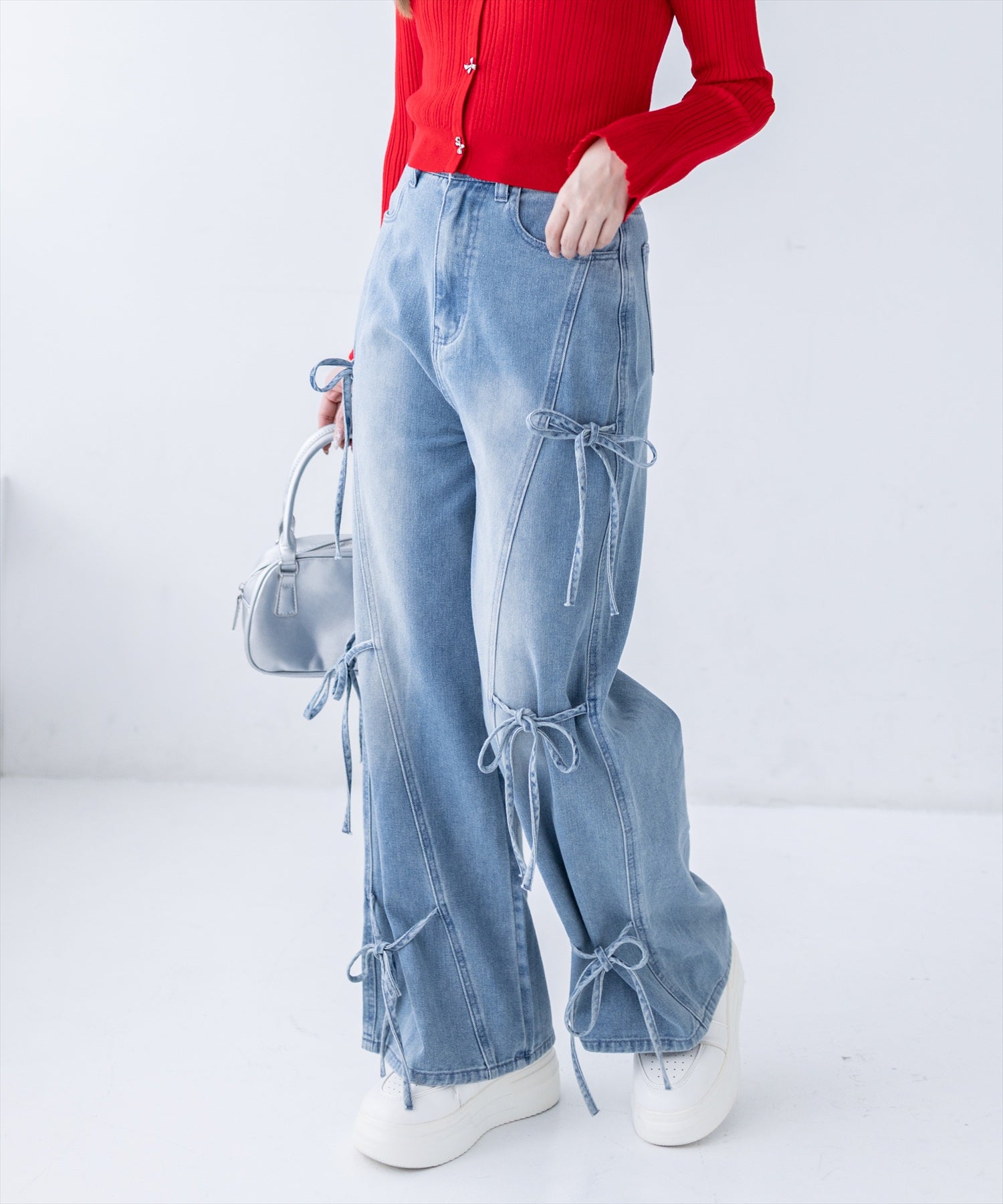 サイドリボンワイドデニムパンツ レディースファッション | clear