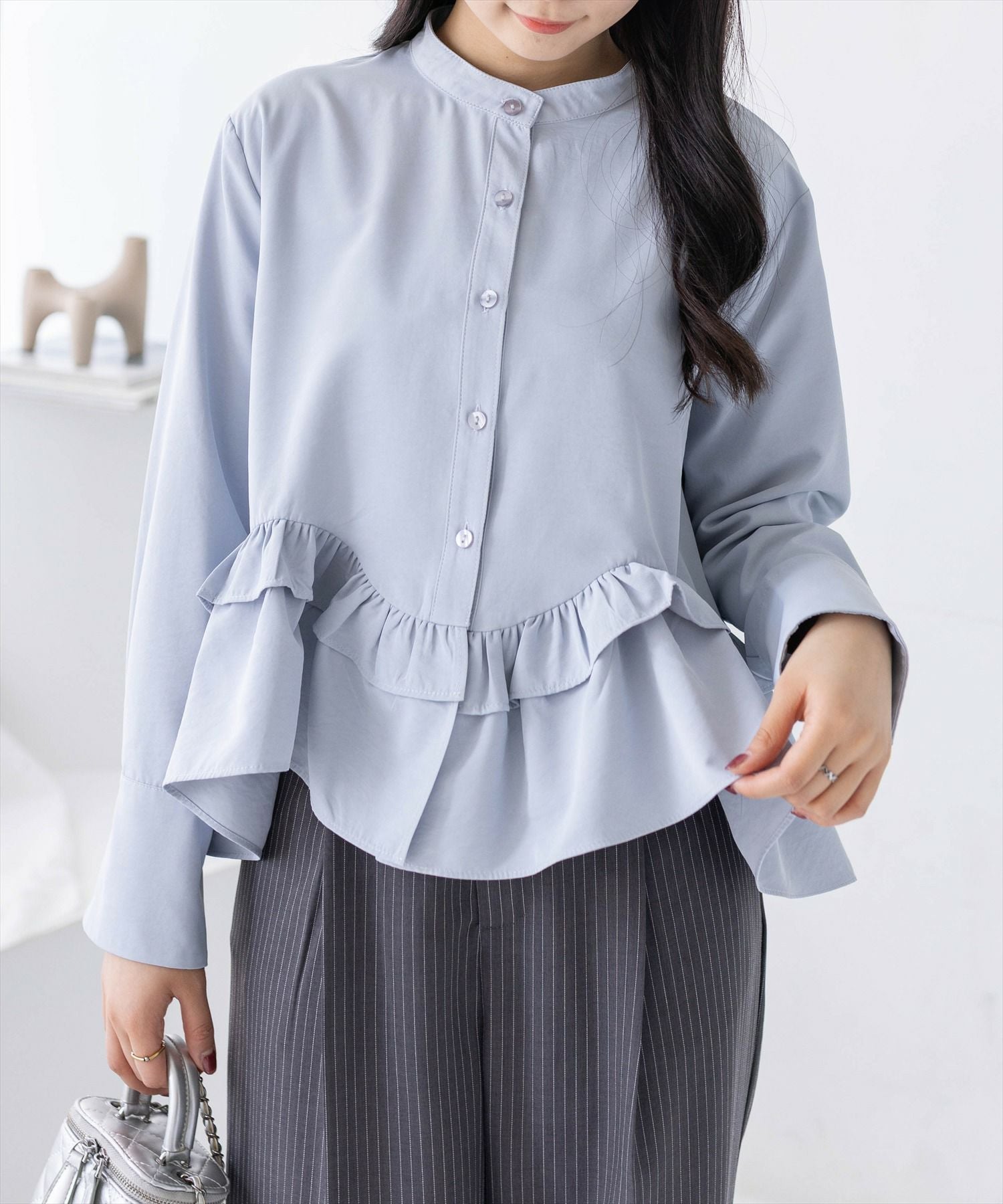 オーガンジーコンビフリルBLS L/GRY UNITED ARROWS｜オーガンジー フリルコンビ ニット -ウォッシャブル