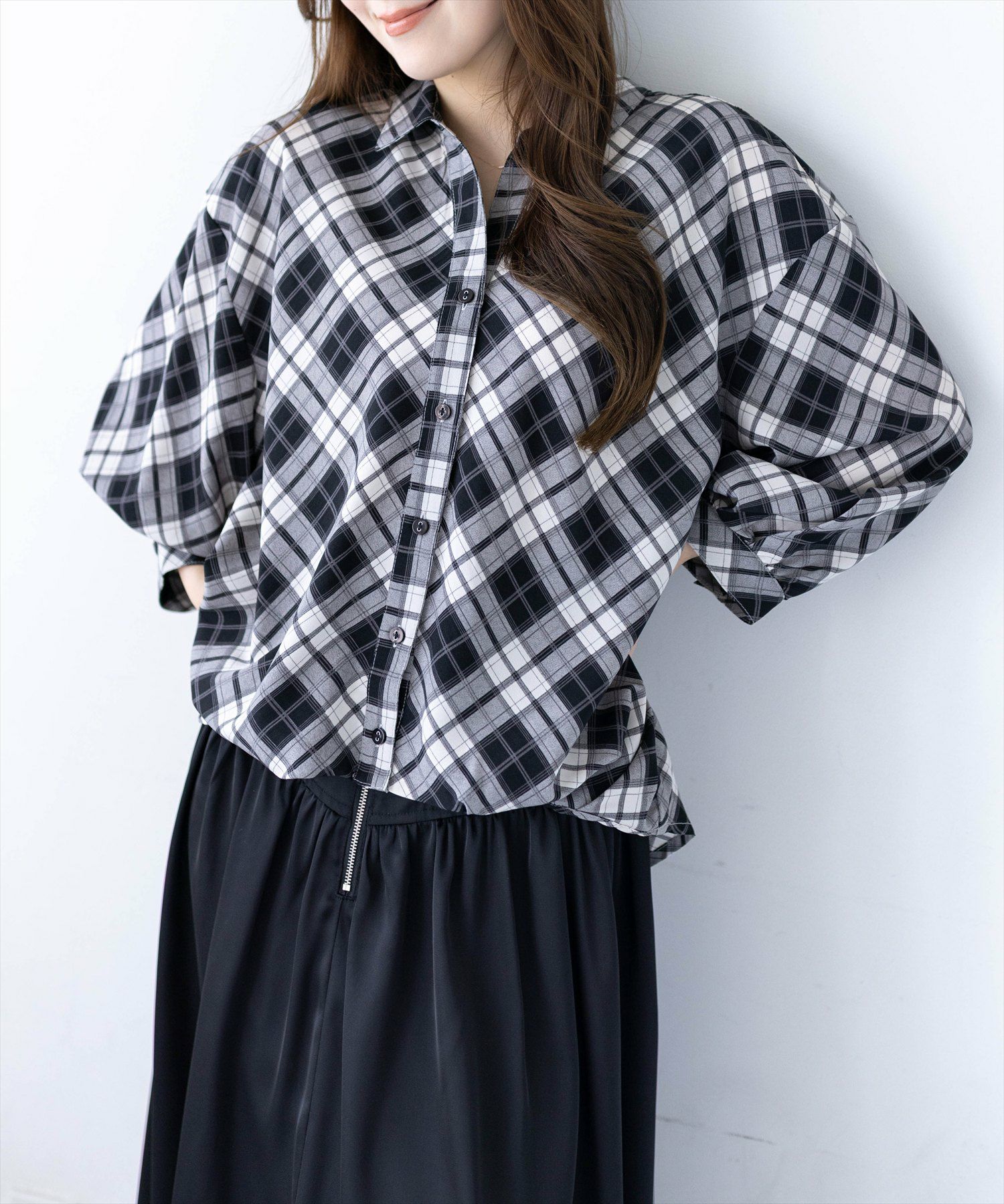 CLEAR BASIC≪再入荷≫バックスピンドル裾タック七分袖ブラウス[CL9562