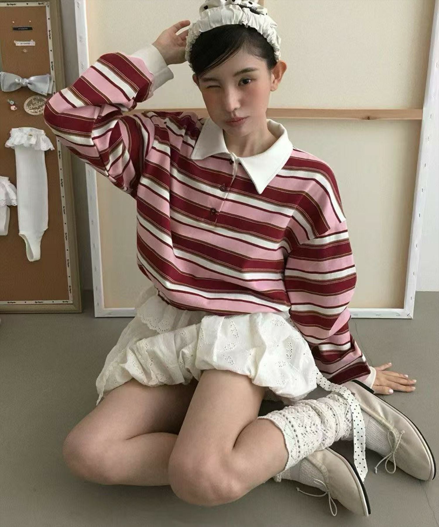 Pedestal ポロシャツ 未使用 値下げ可能 STAY MOTION≪WEB限定≫レースボーダー長袖ポロシャツ[ST1117
