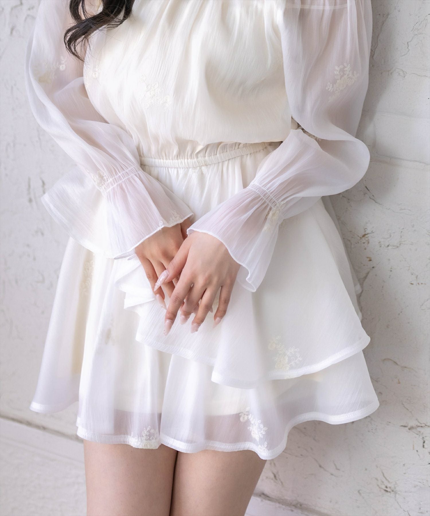 clear シフォンオフショルティアードミニワンピース[CL9623