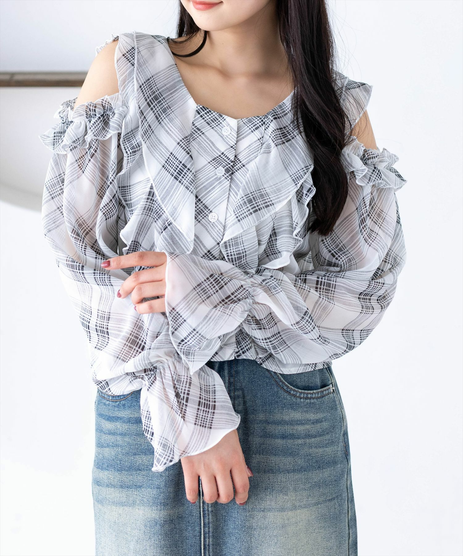 チェックオープンショルダーブラウス clear
