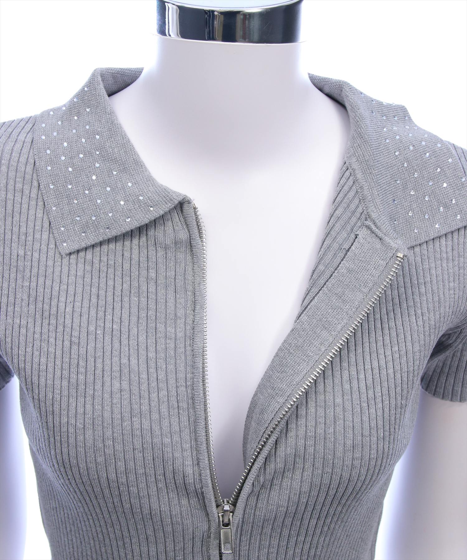 clear ラインストーンカラーダブルジップ半袖ニットトップス[CL9734