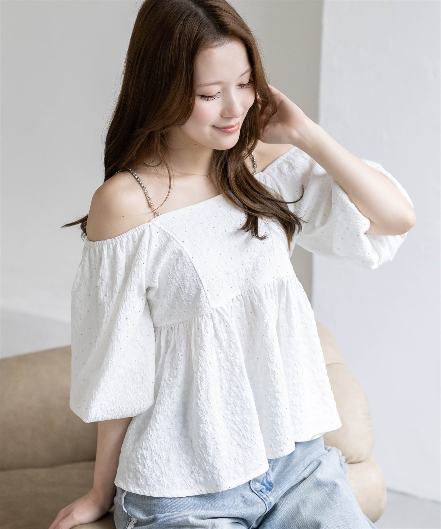 肩ビジュー2wayラインストーンフクレジャガードブラウス clear