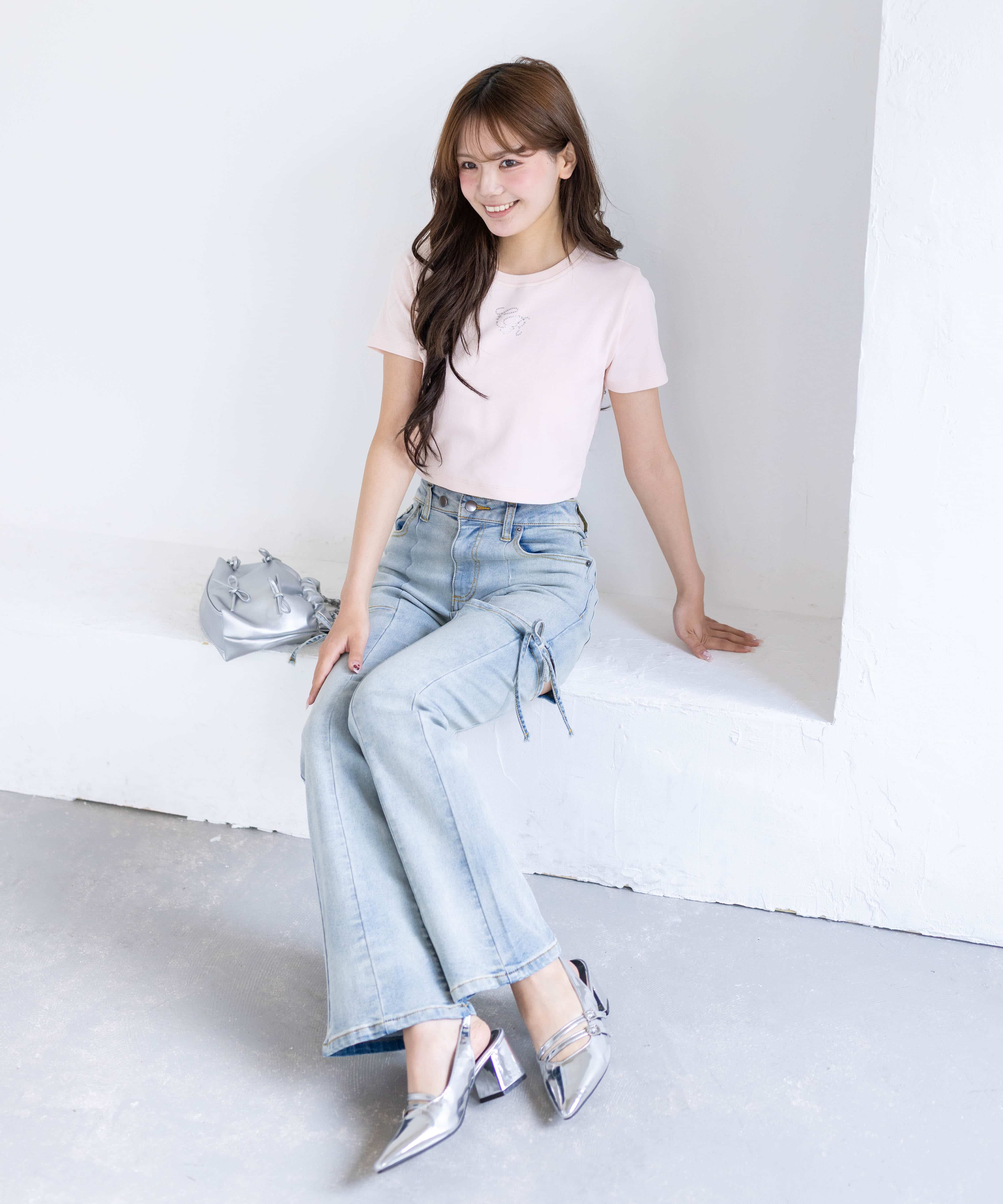 サイドスリットリボン付きフレアデニムパンツ レディースファッション