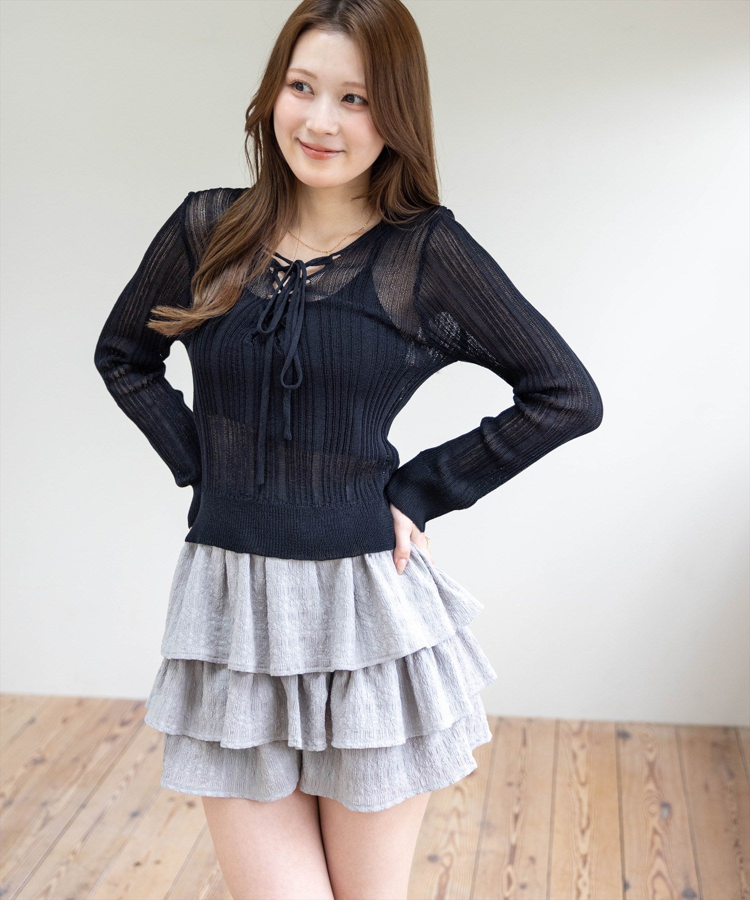 専用✨【新品・未使用】レースアップニットトップ clear≪新作≫レースアップ透かし編みニットトップス[CL9564