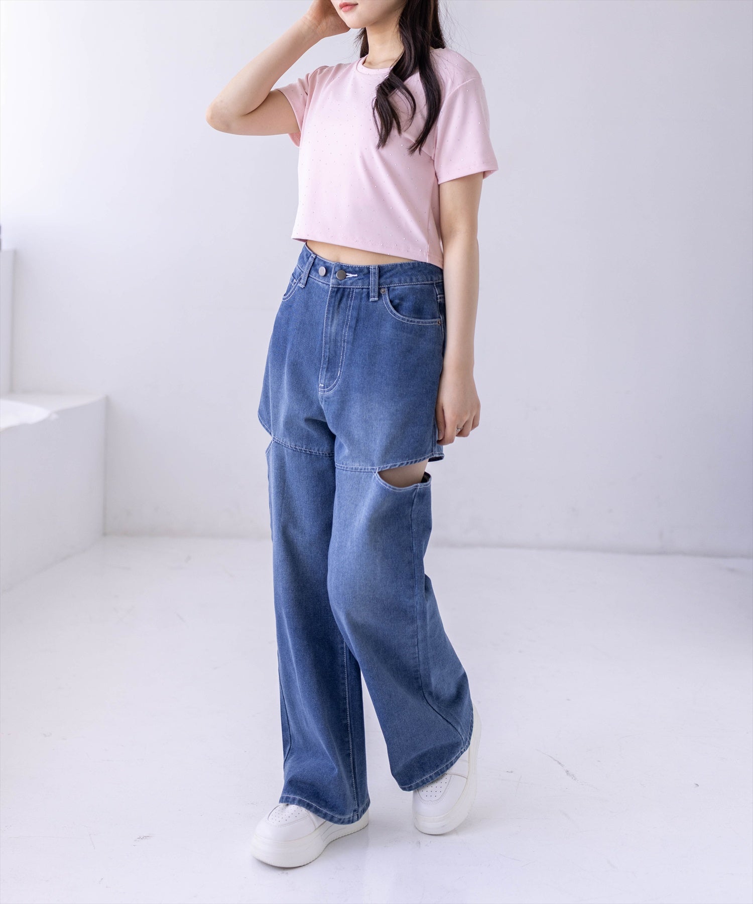 サイドスリットスラブワイドデニムパンツ レディースファッション