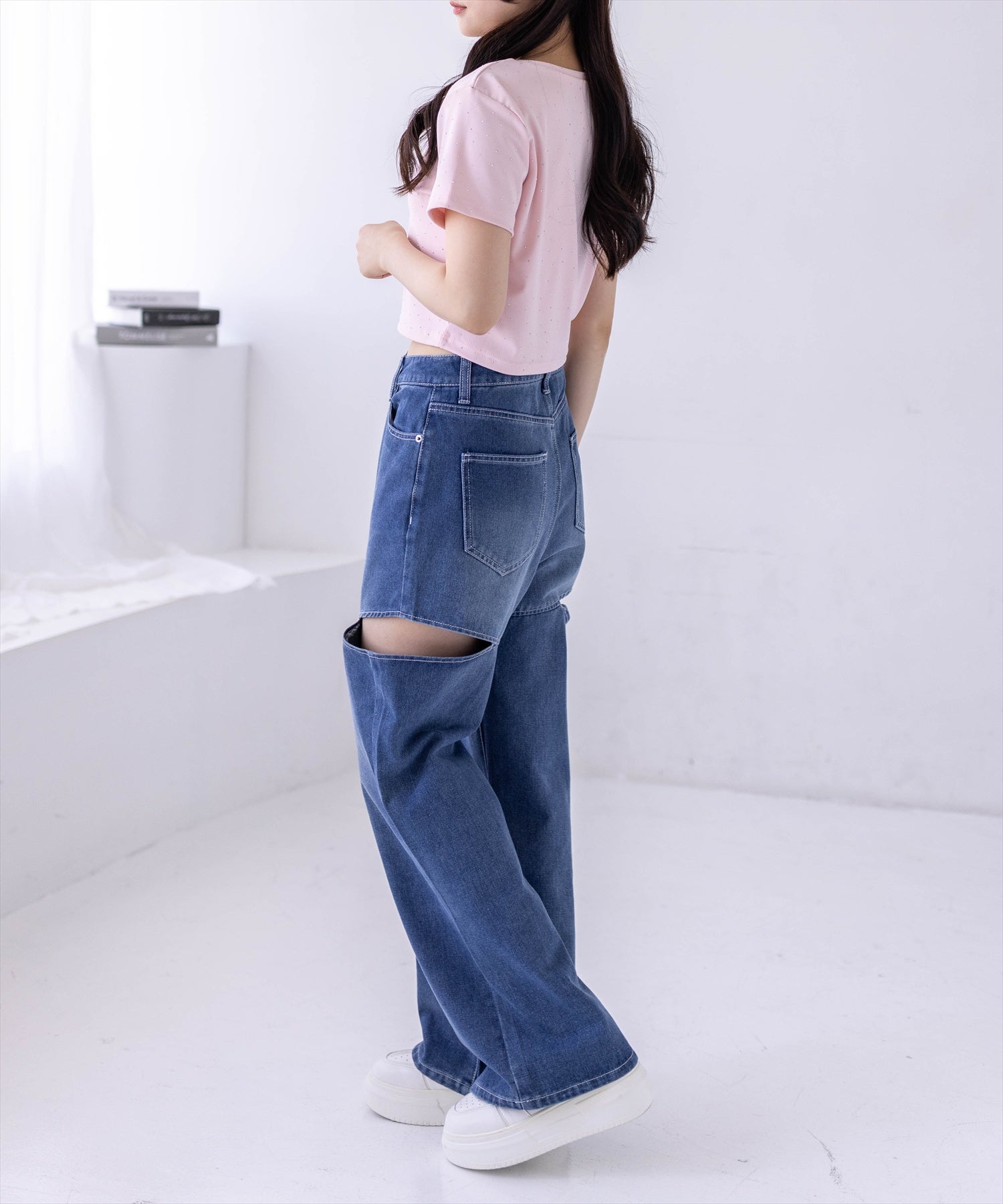 サイドスリットスラブワイドデニムパンツ レディースファッション