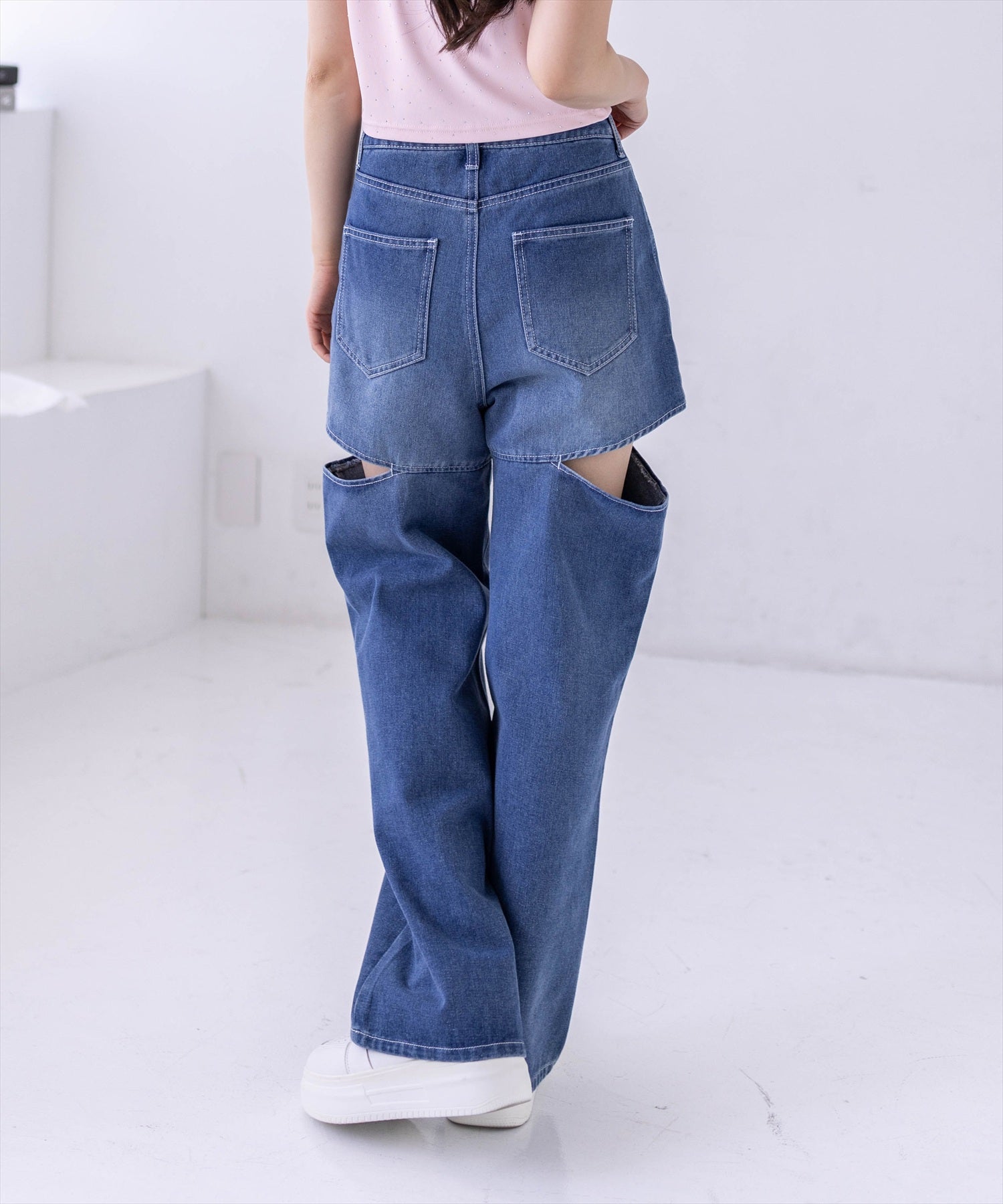 サイドスリットスラブワイドデニムパンツ レディースファッション