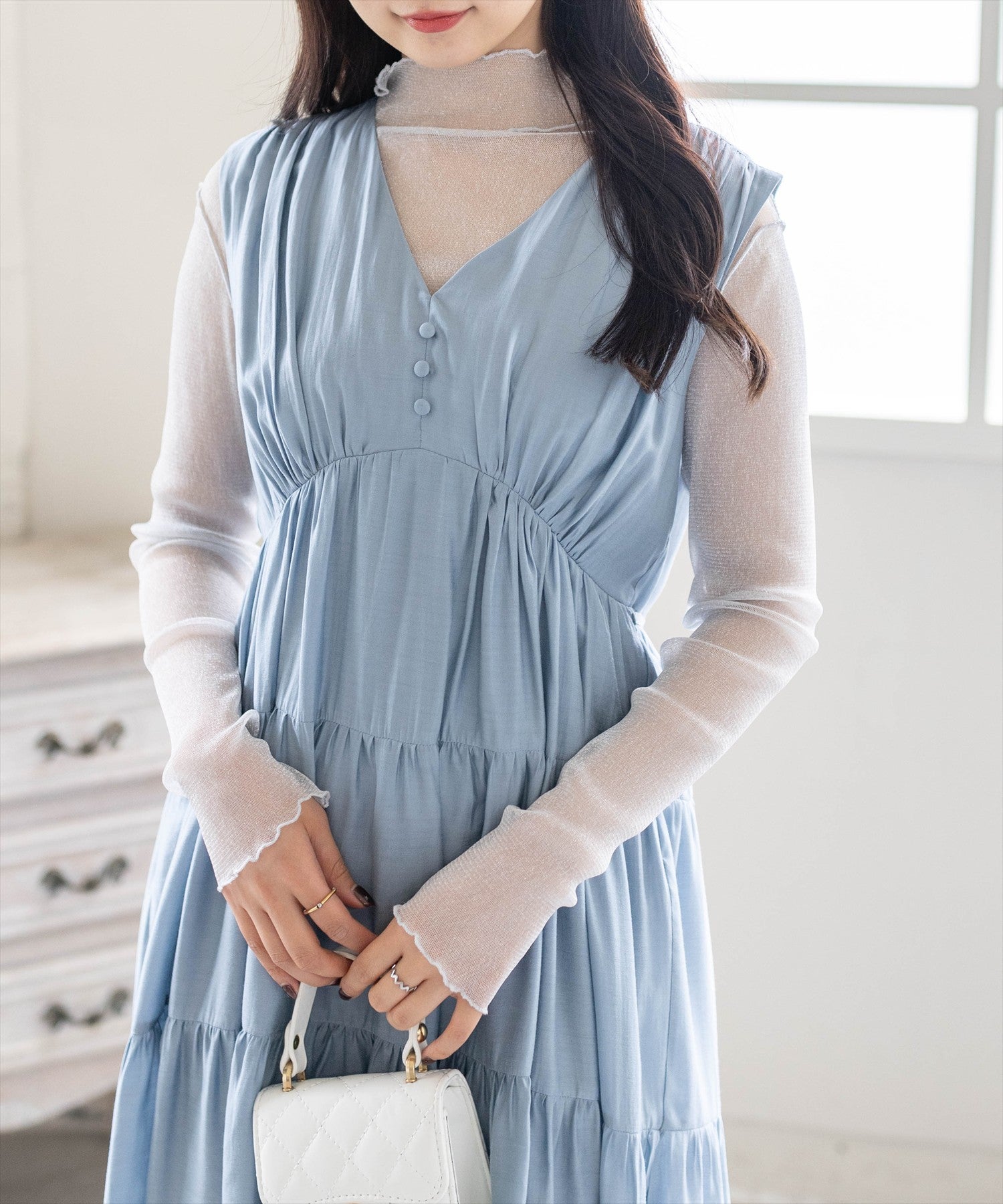 CLEAR BASIC≪再入荷≫Vネックノースリーブティアードワンピース