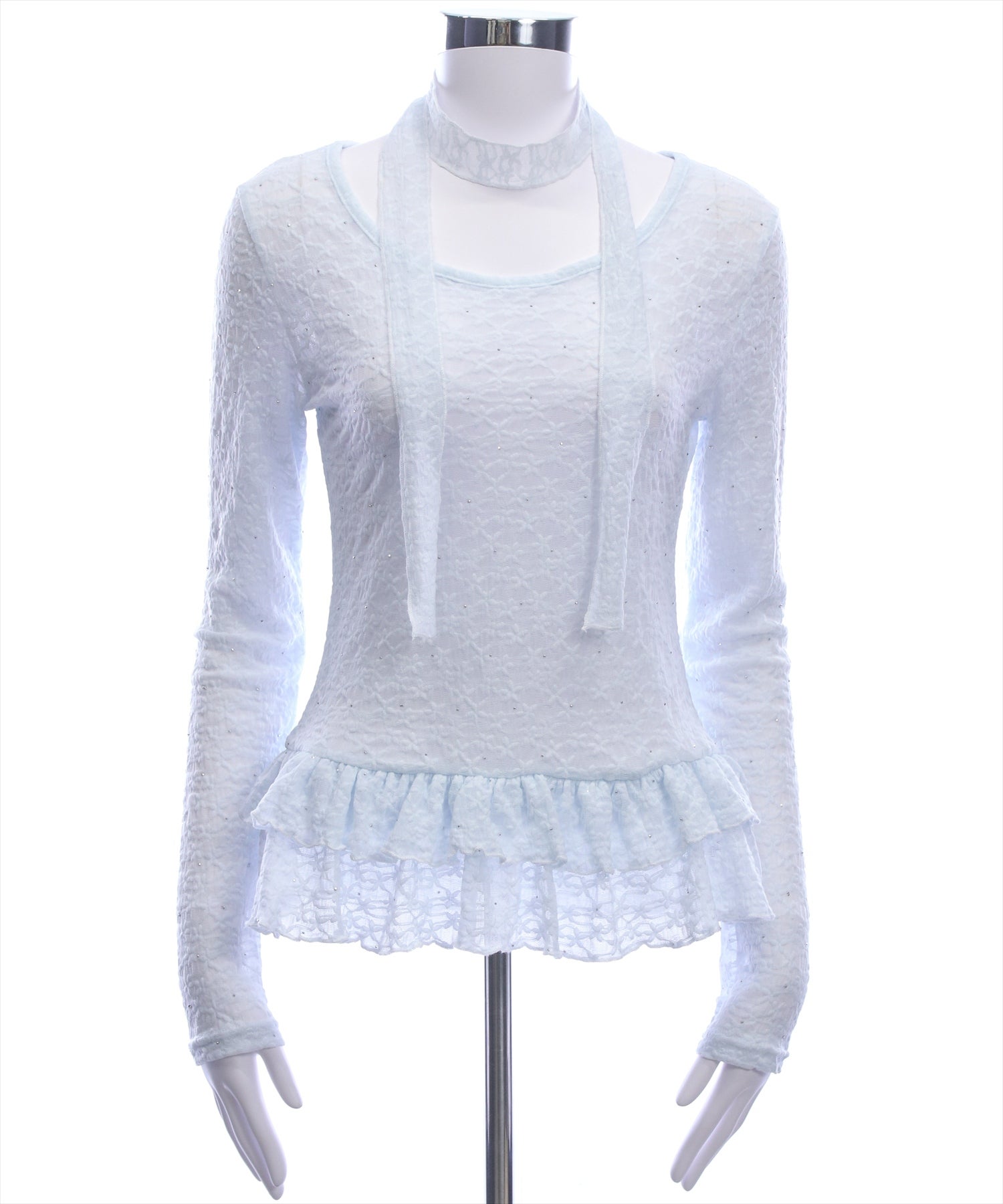 cloud frill border tops／ホワイトブルーグレー長袖トップス clear チョーカー付きラインストーンレースフリルトップス[CL9865