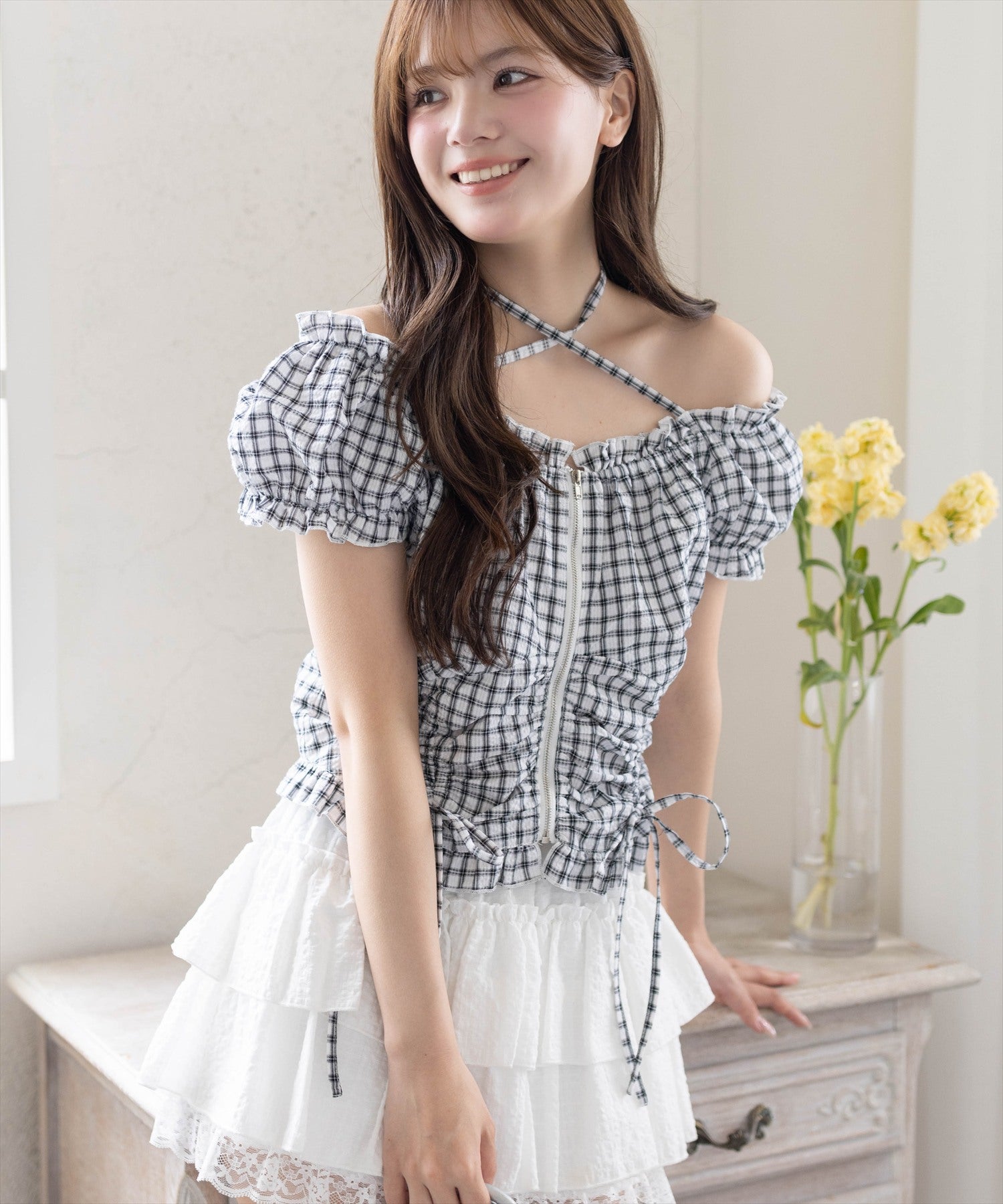 clear≪新作≫2wayチェック柄フロントジップブラウス[CL9868