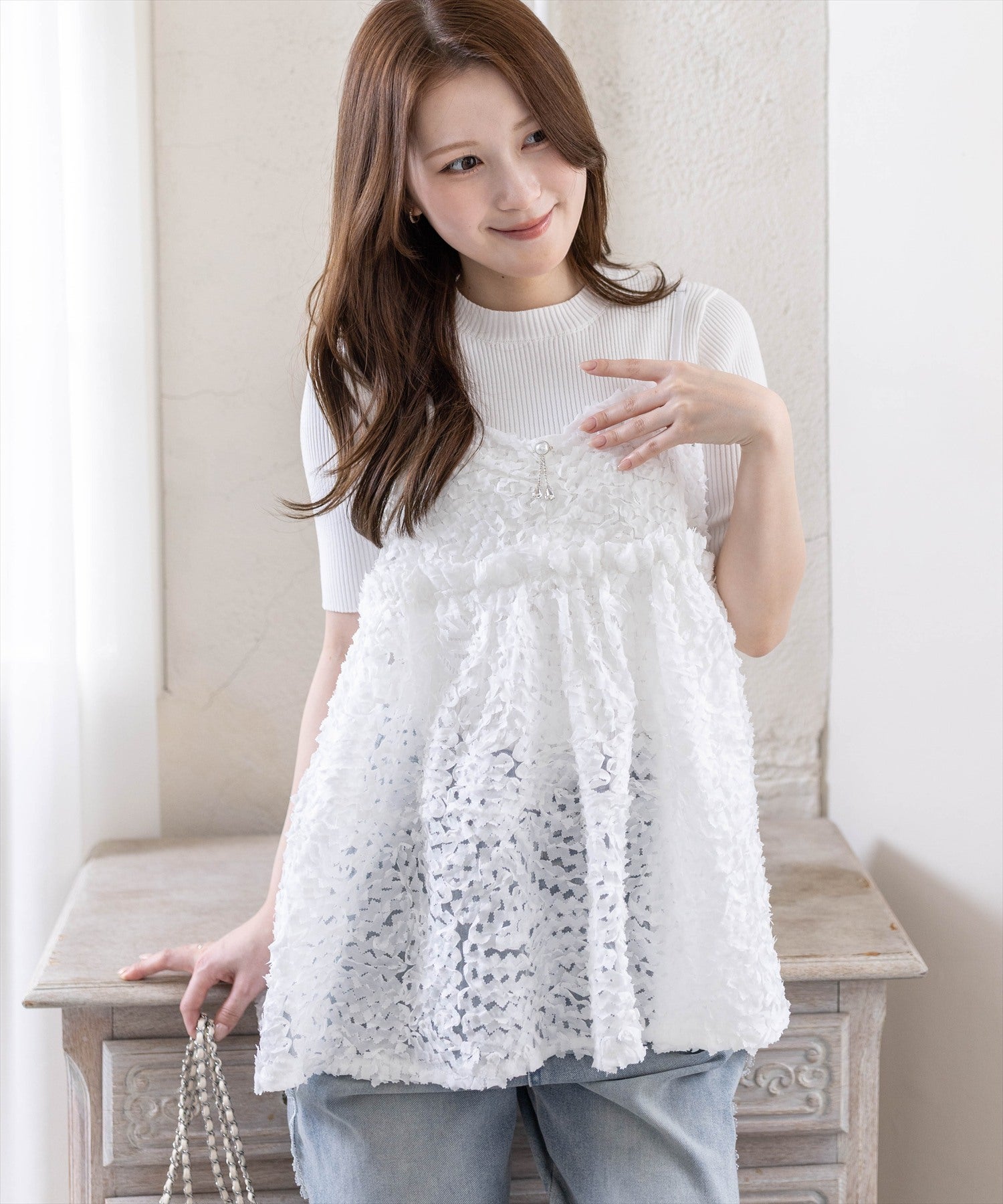 René ・:*パフスリーブブラウス クリアホワイト・:* パフスリーブビジューボタンニットカーディガン レディース