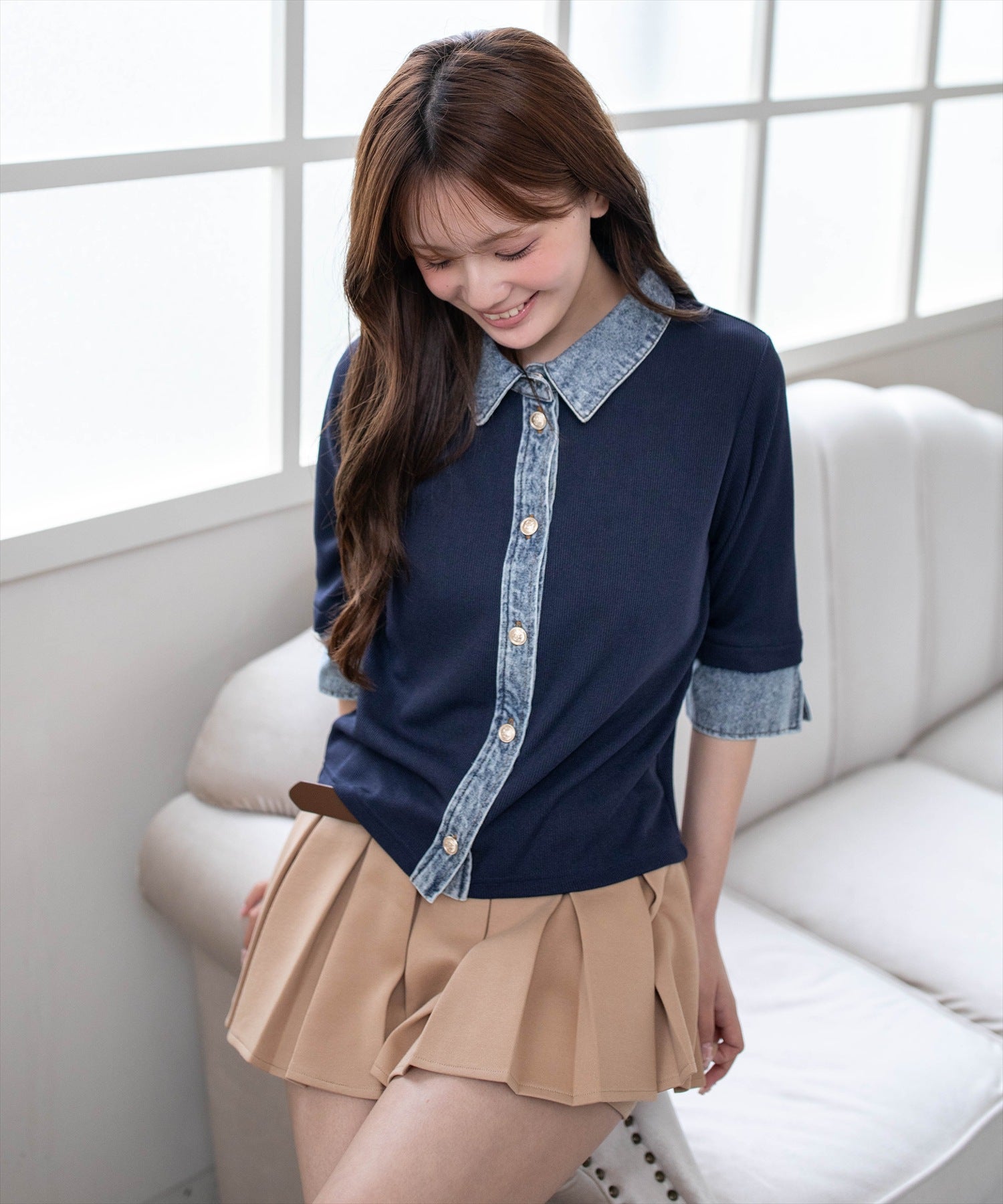 Cop Copine コップコピーヌ 切替メッシュトップス ドット・ボルドー袖 Cop Copine コップコピーヌ 切替メッシュトップス ドット・ボルドー袖