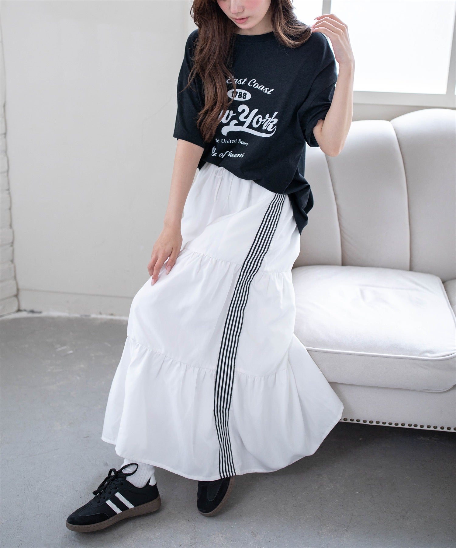 新品　BANDAL スカート xs ホワイト/ブラック CLEAR BASIC≪新作≫サイドラインティアードスカート[CL9909