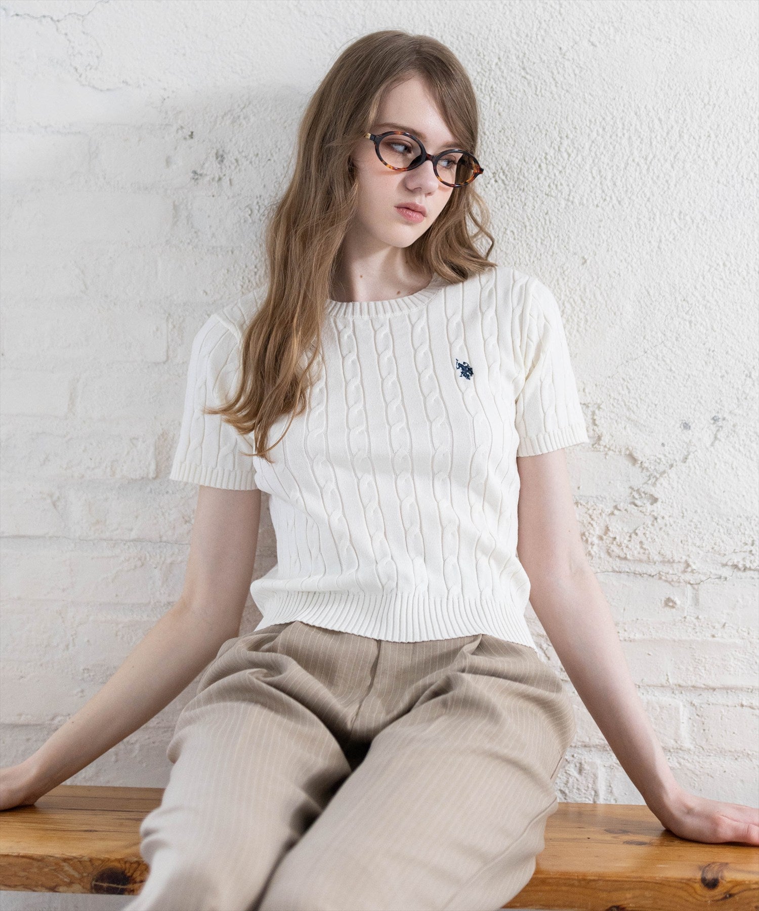 clear≪新色追加≫U.S. POLO ASSN. クルーネックケーブル半袖ニット