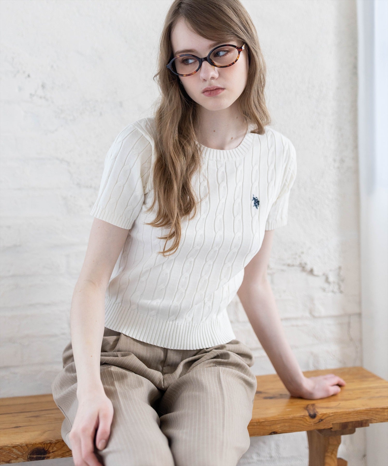 clear≪新色追加≫U.S. POLO ASSN. クルーネックケーブル半袖ニット