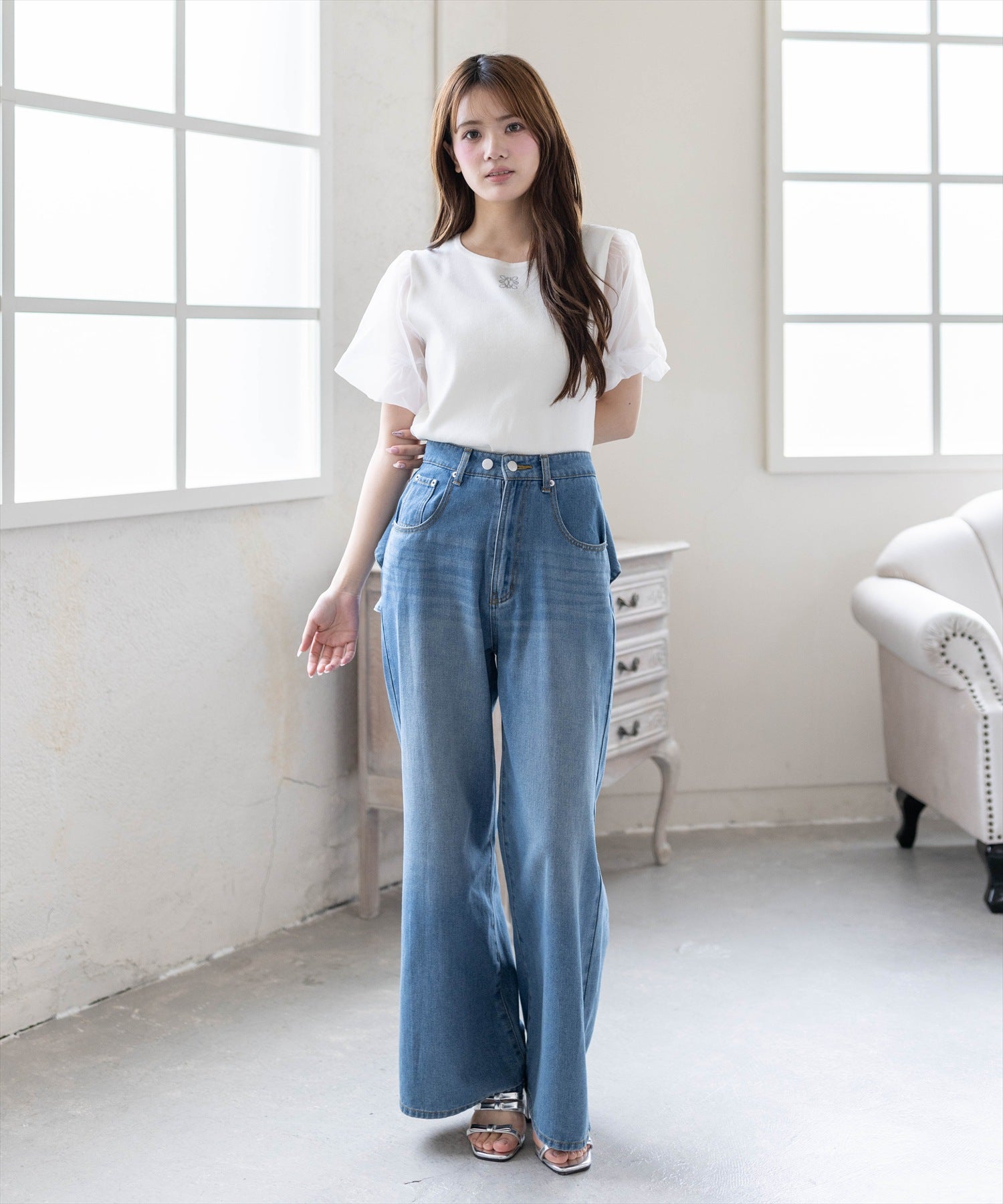バックリボンワイドデニムパンツ レディース｜トレンドデニム | clear