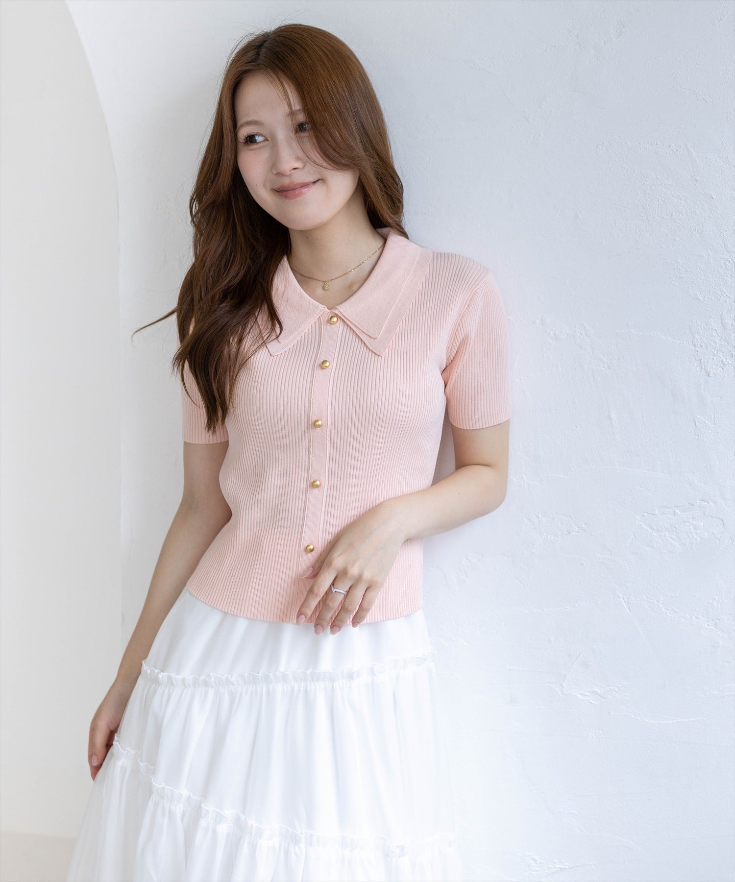 CLEAR BASIC≪再入荷≫ダブルカラー半袖ニットトップス[CL9914