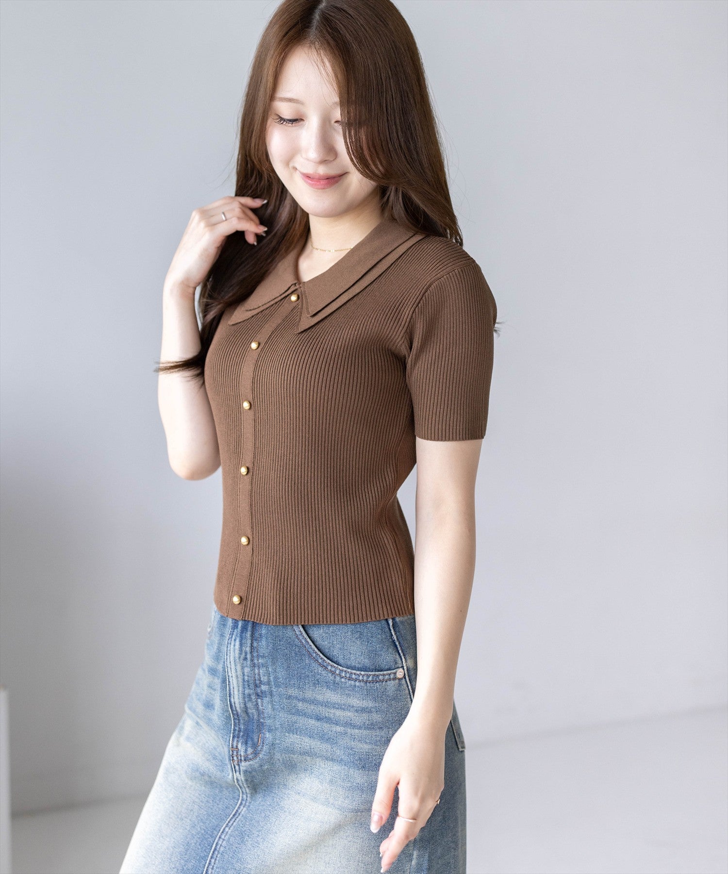 CLEAR BASIC≪再入荷≫ダブルカラー半袖ニットトップス[CL9914