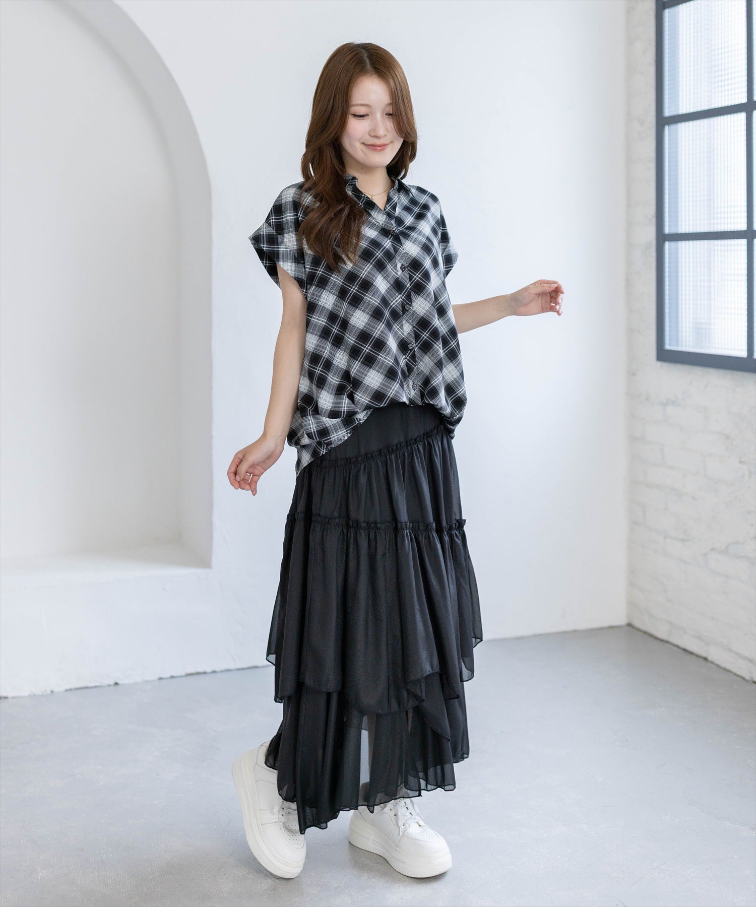 163cm/ブラック×チェック着用
