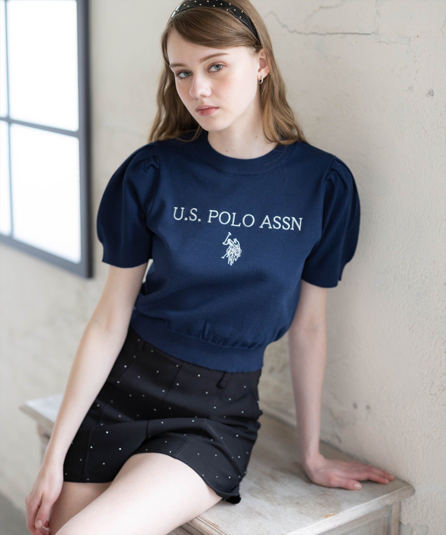 U.S. POLO ASSN. ロゴ刺繍半袖ニット レディース｜ニットトップス
