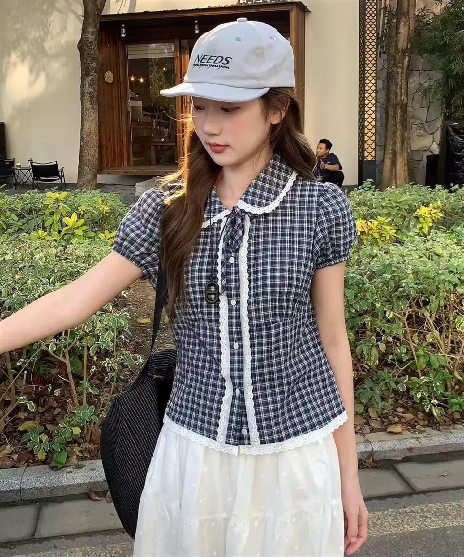 STAY MOTION≪WEB限定≫チェック柄レース丸襟ブラウス[ST1159