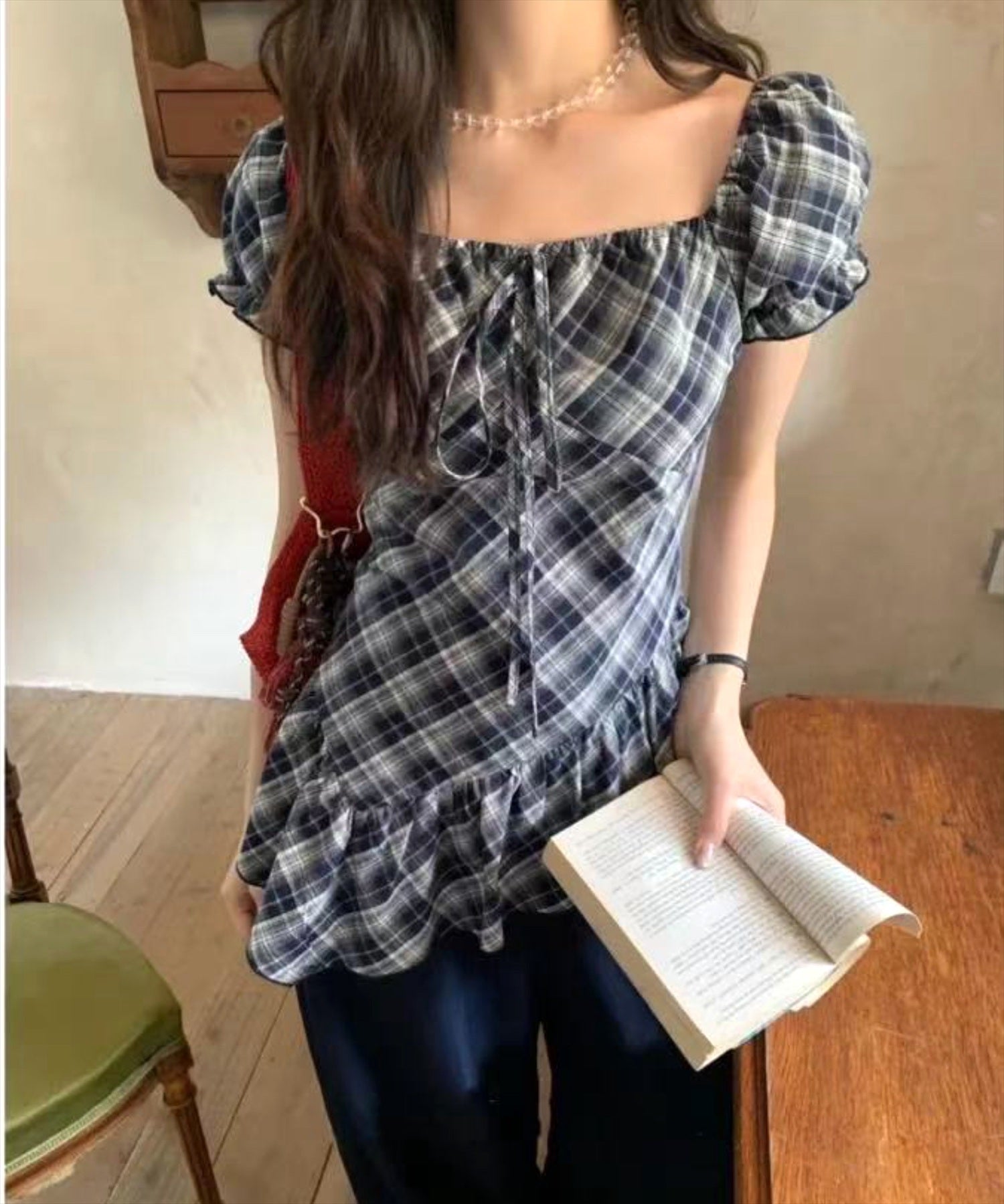 ハンドメイド　ドール服　パフスリーブブラウス　デニム　ダンガリー STAY MOTION≪WEB限定/新作≫チェック柄アシンメトリーパフスリーブ
