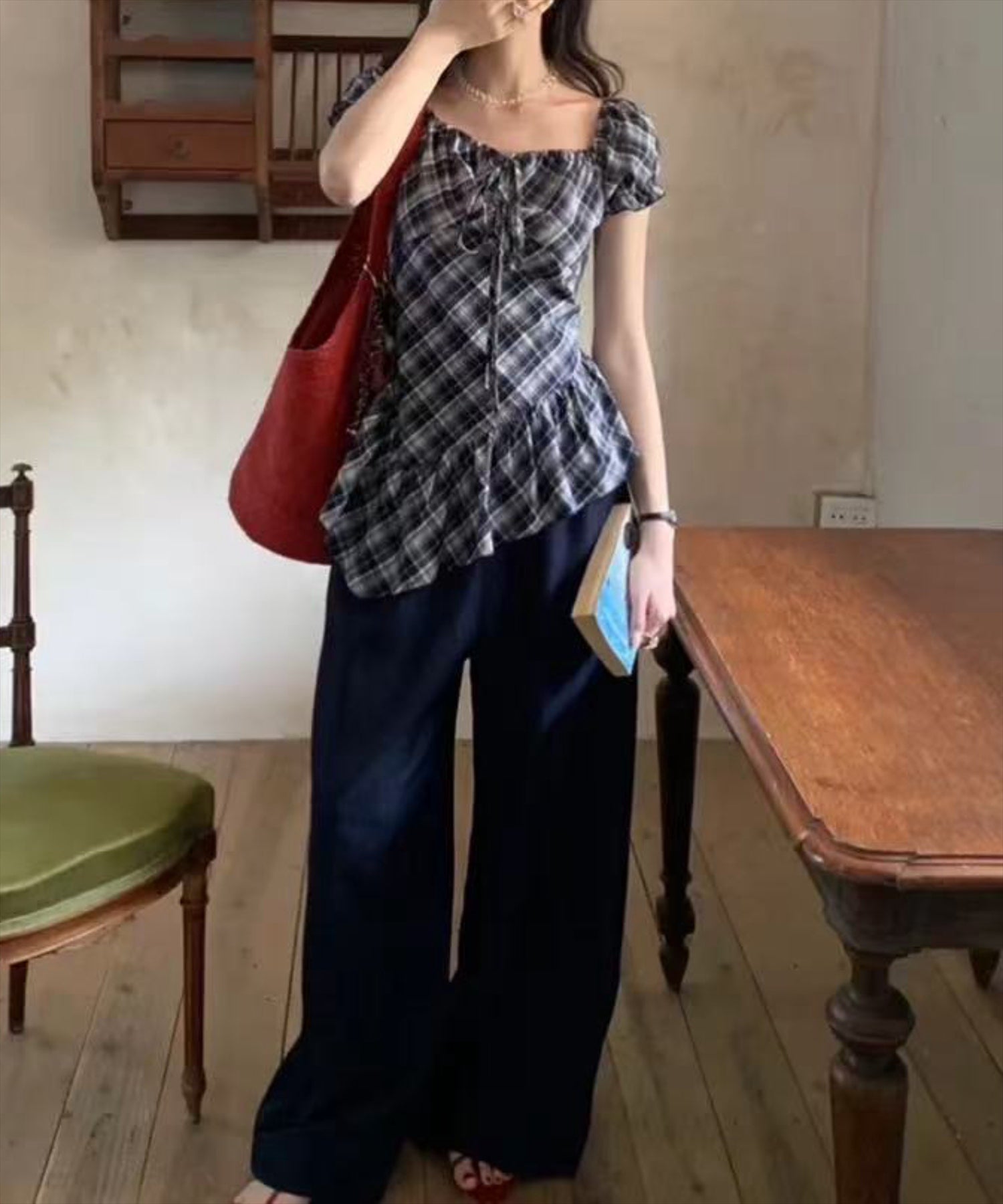 STAY MOTION≪WEB限定/新作≫チェック柄アシンメトリーパフスリーブ