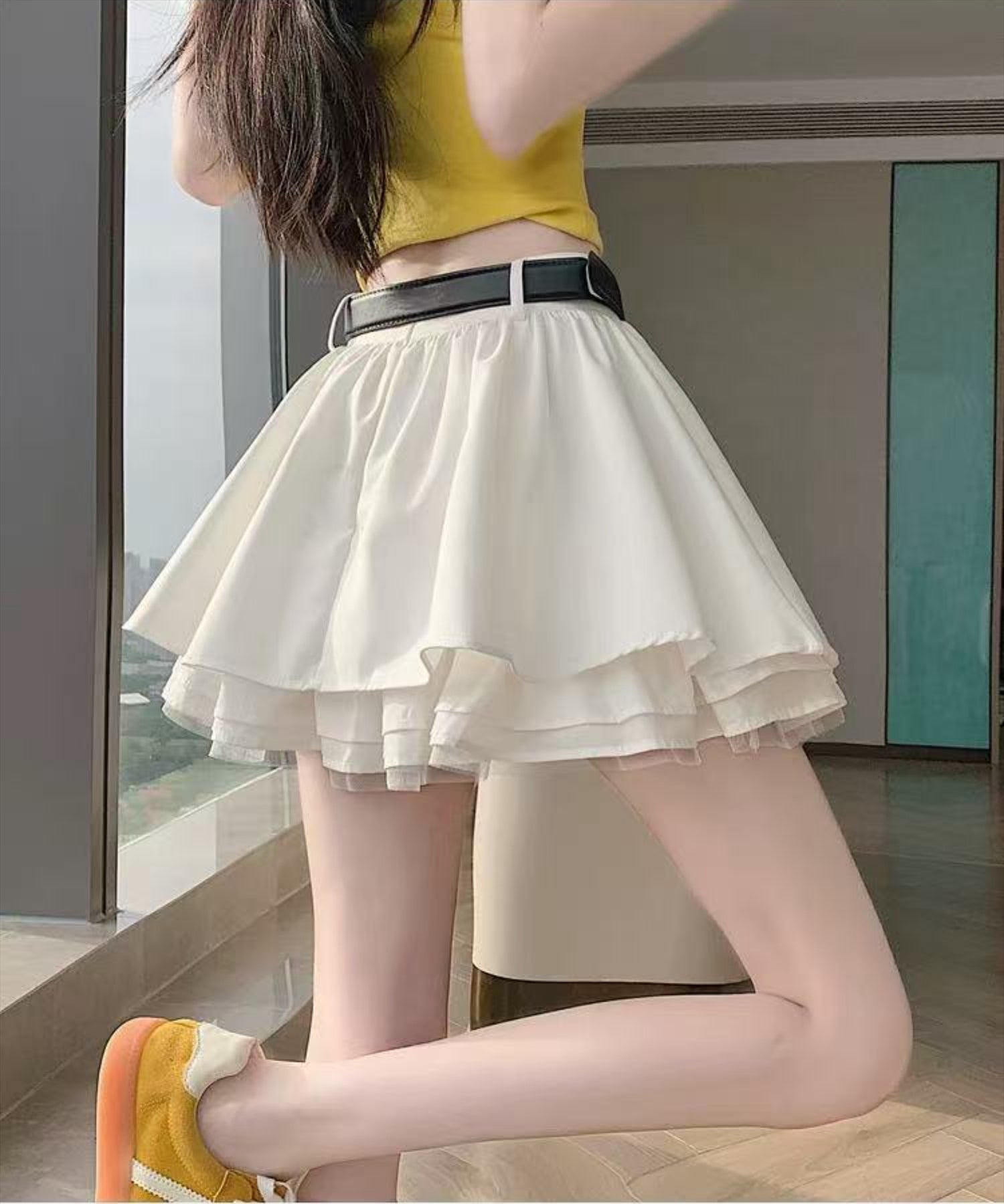 STAY MOTION≪WEB限定≫ベルト付き裾チュールティアードミニスカート