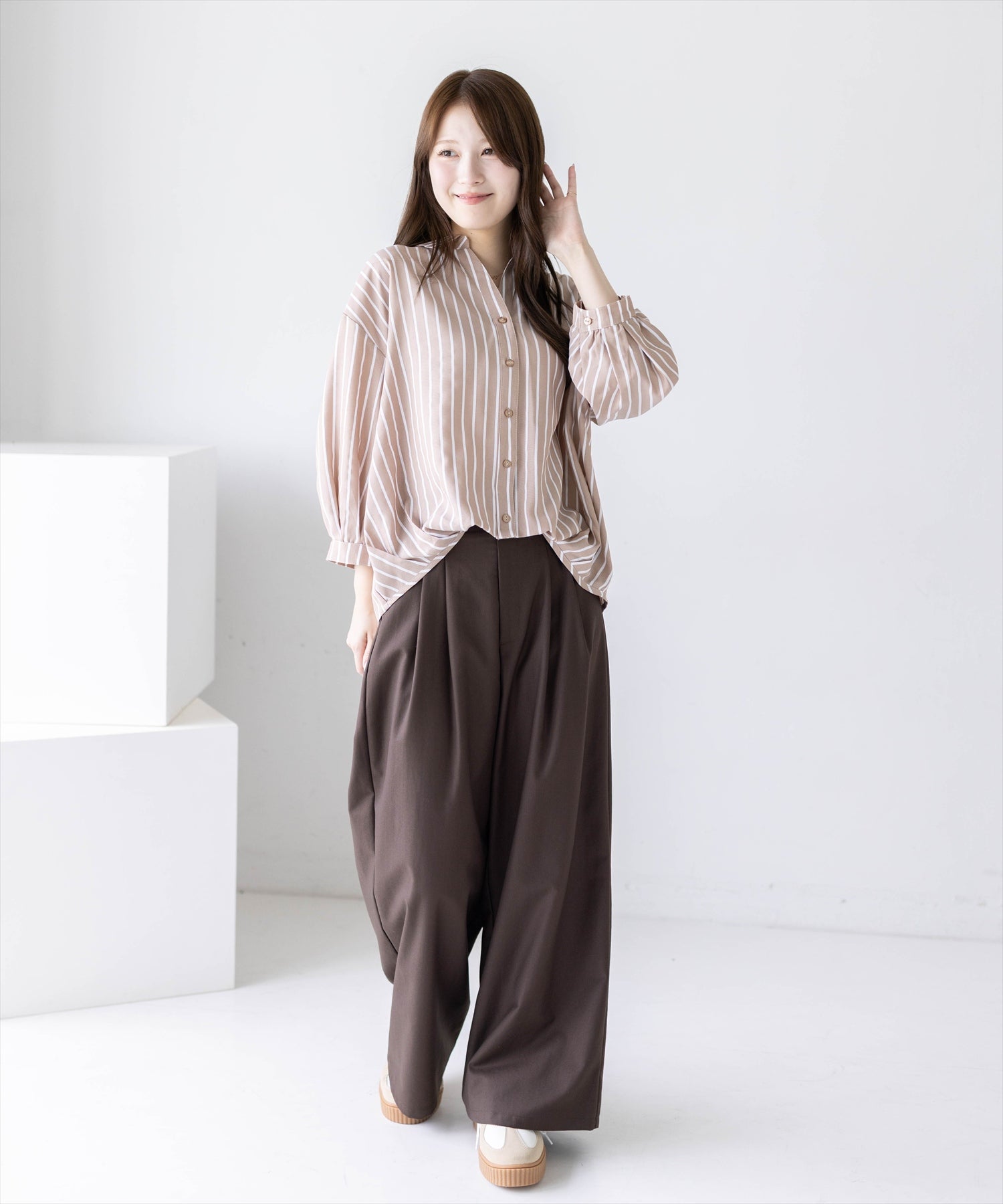 163cm/ベージュ×ストライプ着用