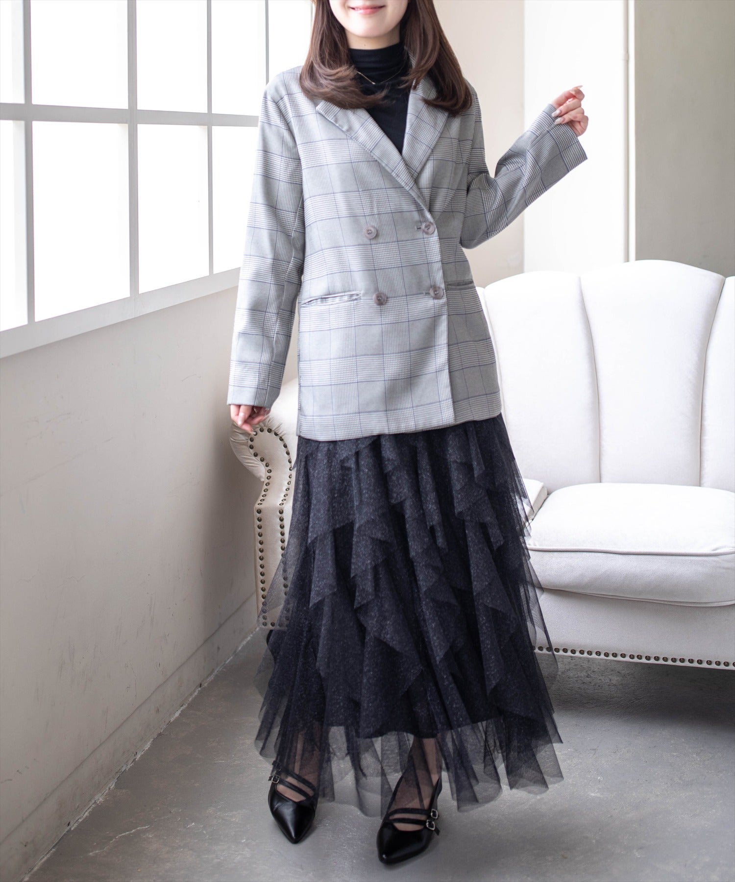 163cm/グレー×チェック着用